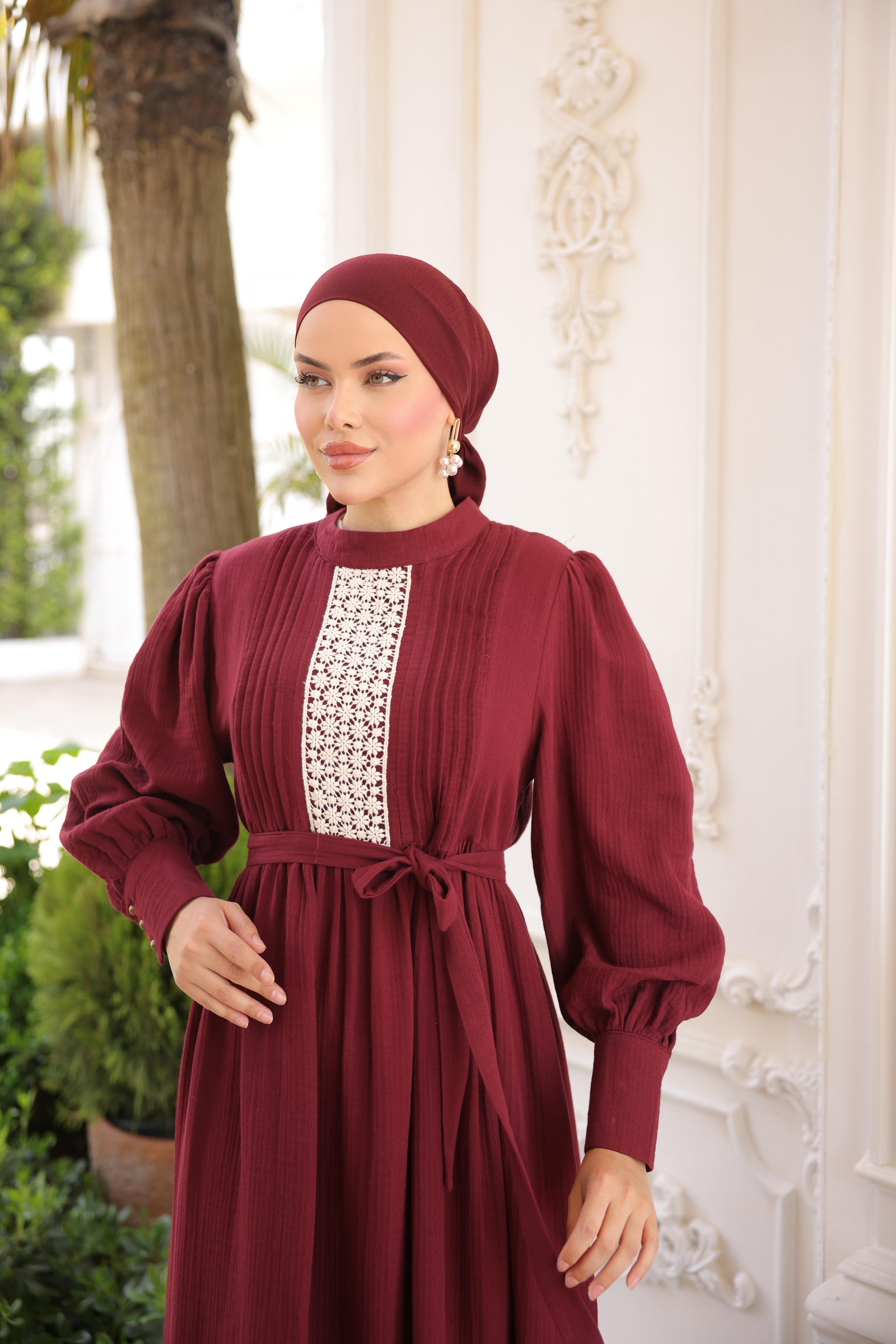 Bordo Dantel ve Nervürlü Elbise 5087
