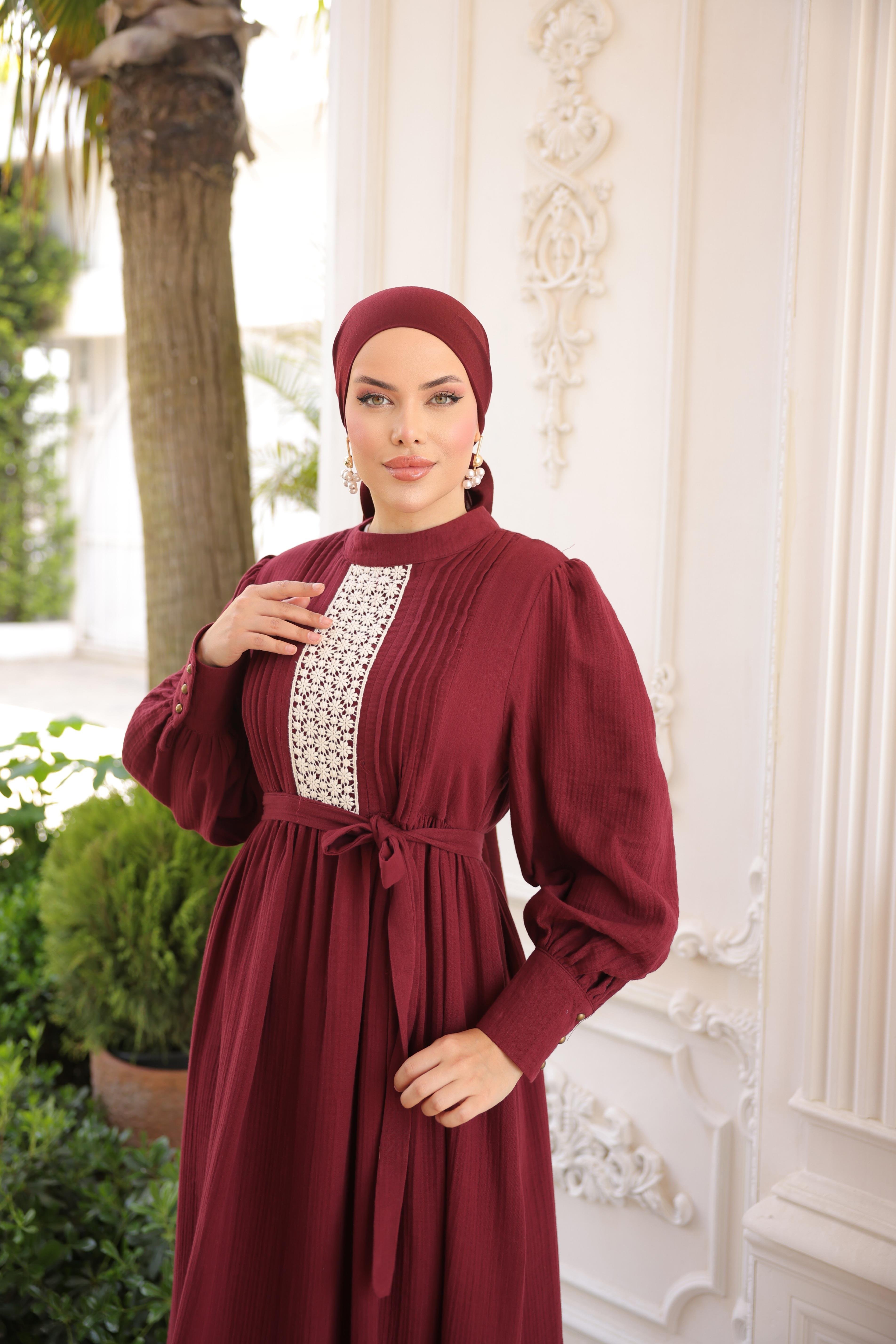 Bordo Dantel ve Nervürlü Elbise 5087