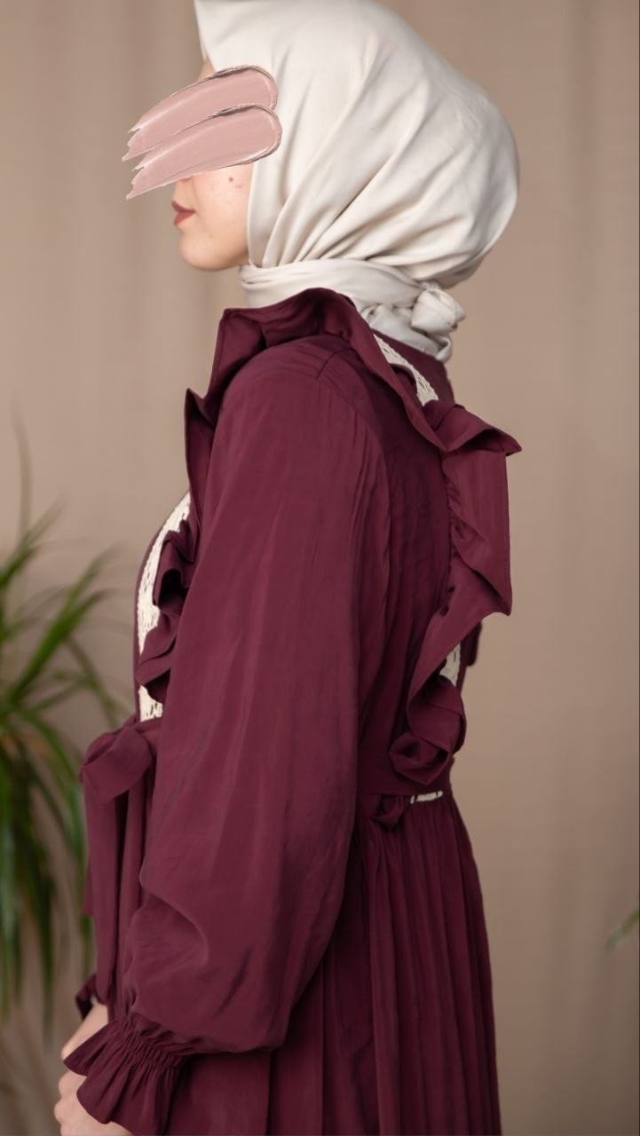 Bordo Dantelli Fırfırlı Elbise 5142