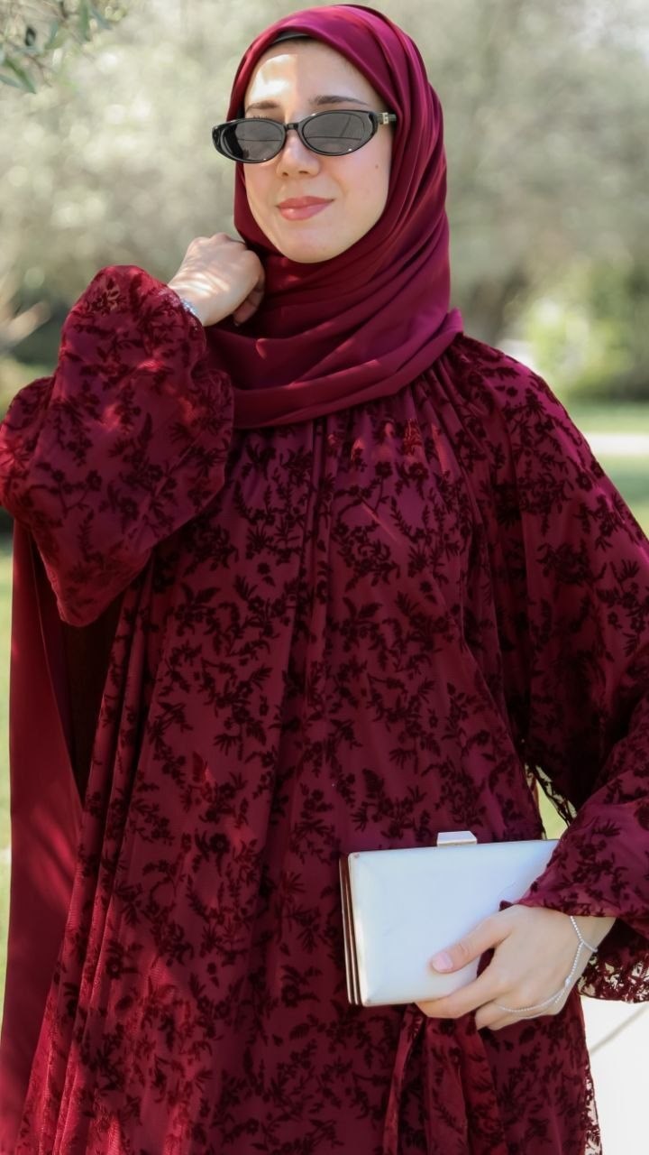 Bordo LY26 4030 REGLAN KOL FLOK BASKILI ELBİSE