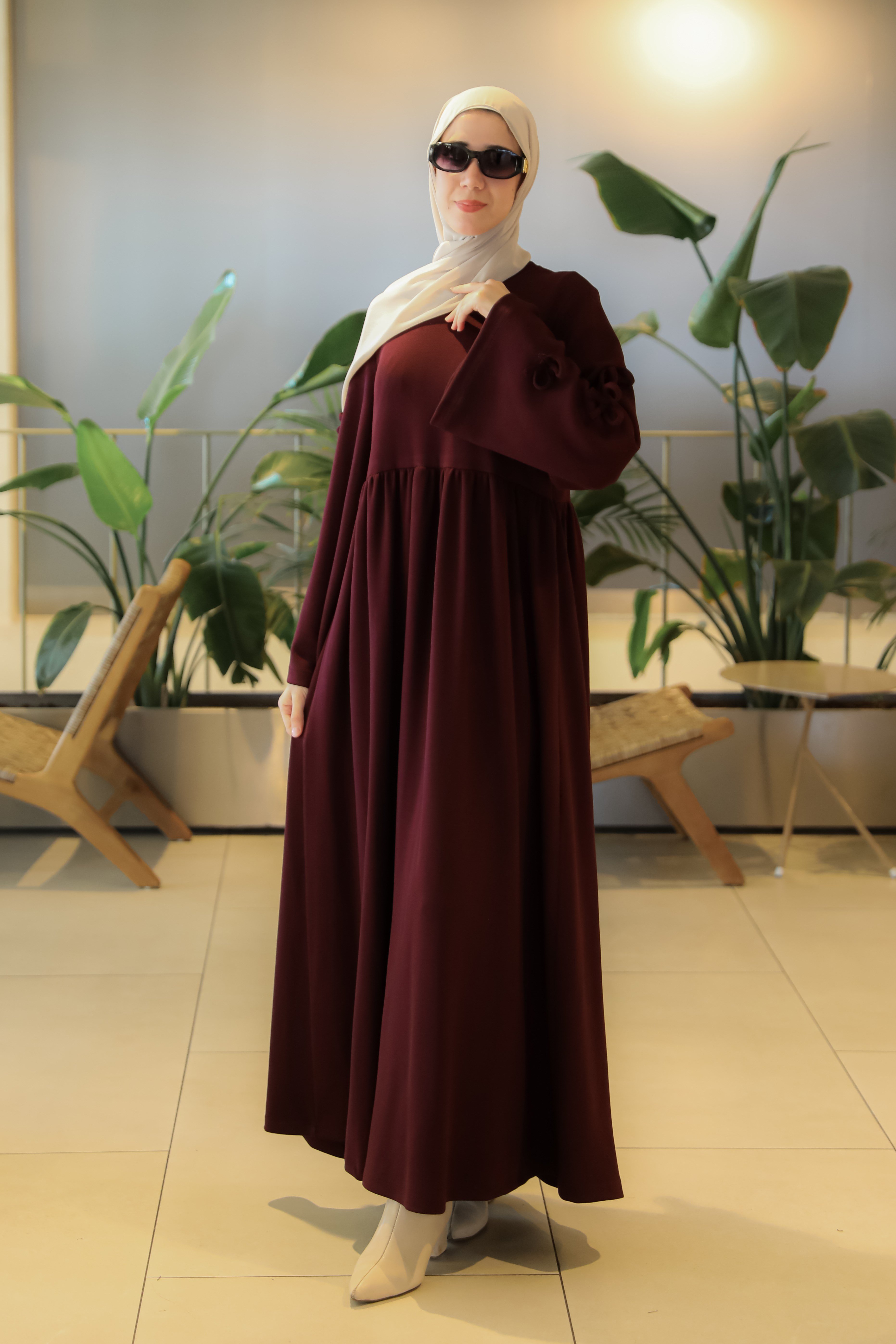 Bordo NSR 5172 FİYONKLU KOLLUKLU ELBİSE