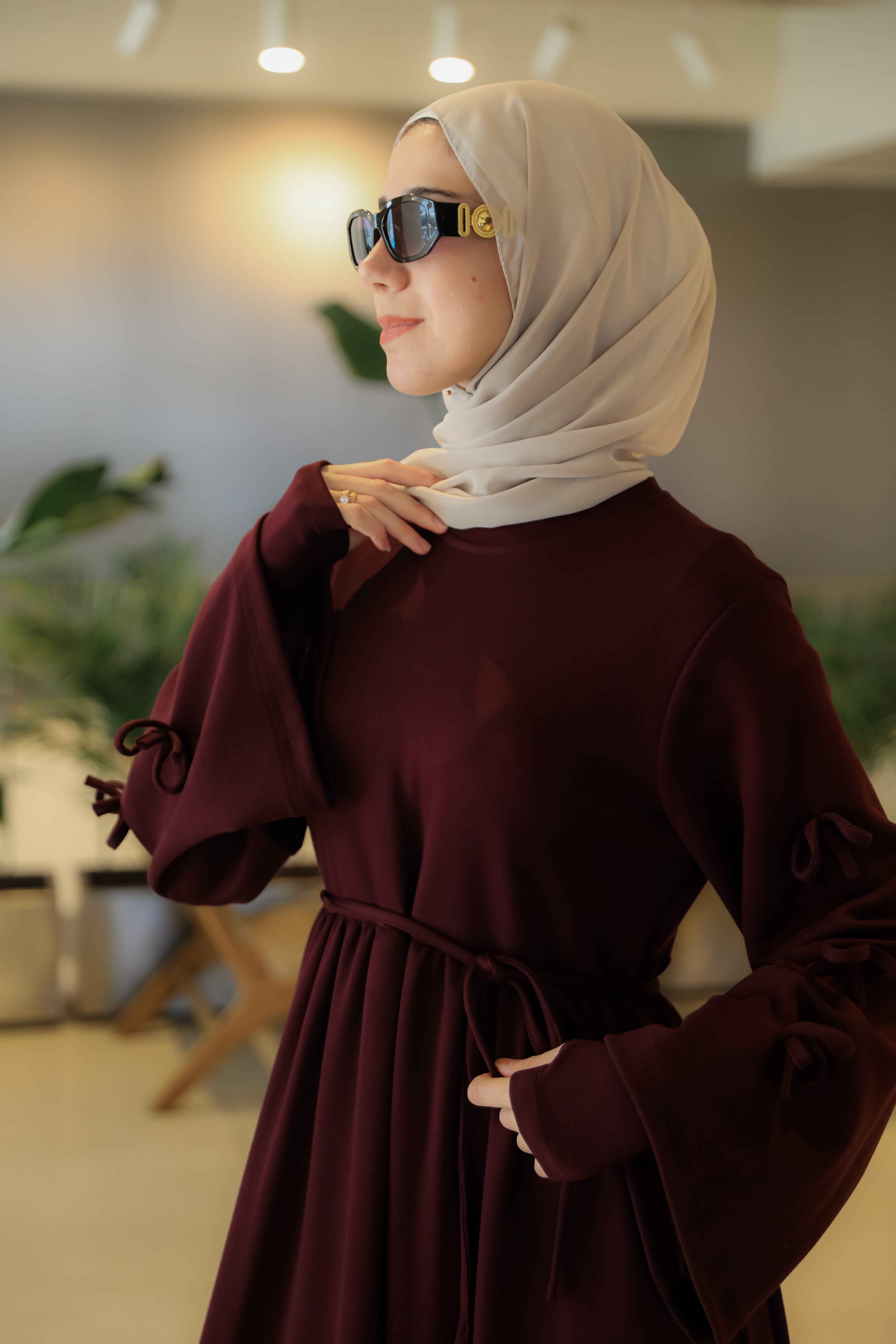 Bordo NSR 5172 FİYONKLU KOLLUKLU ELBİSE
