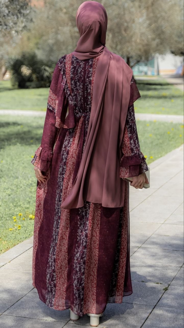 Bordo Omuzu Volanlı Şifon Elbise 5146