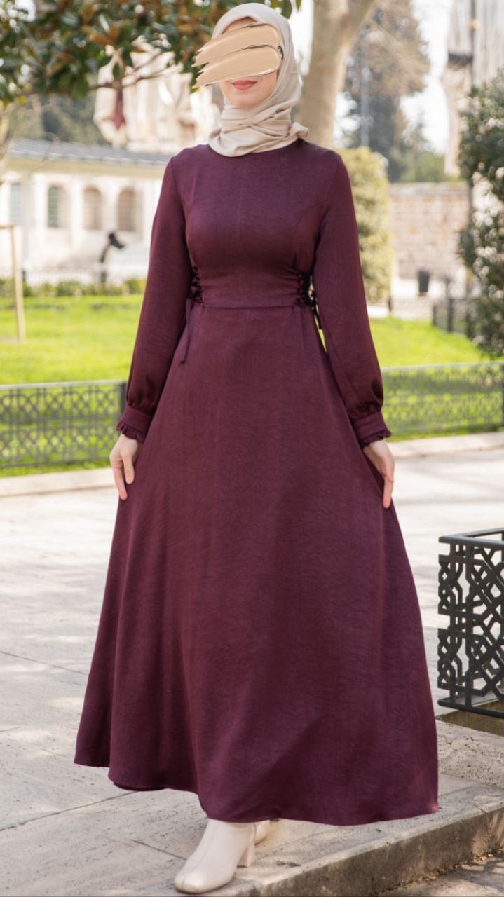 Bordo Oturan Britli Elbise 5143