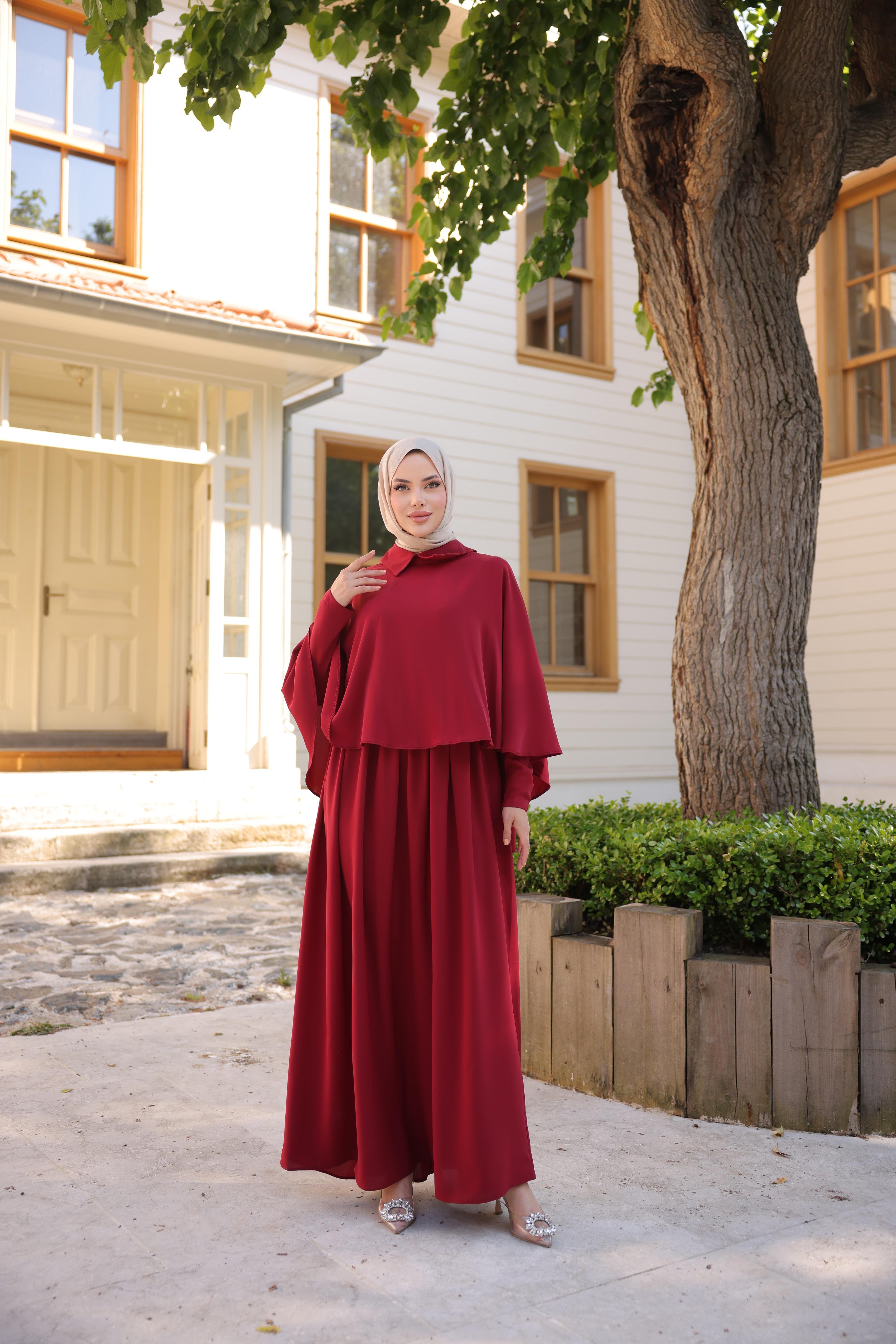 Bordo Pelerinli Elbise 5084
