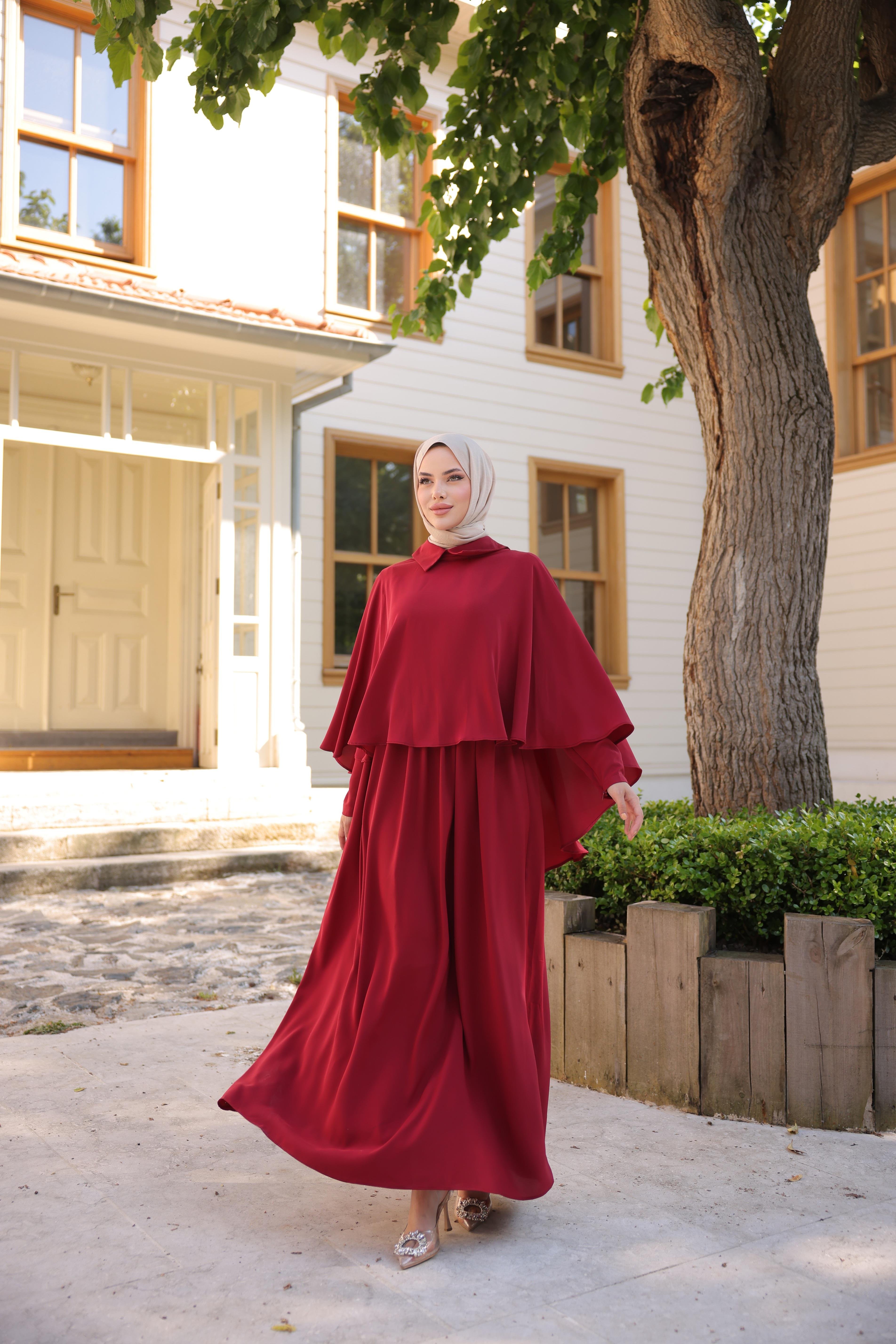 Bordo Pelerinli Elbise 5084