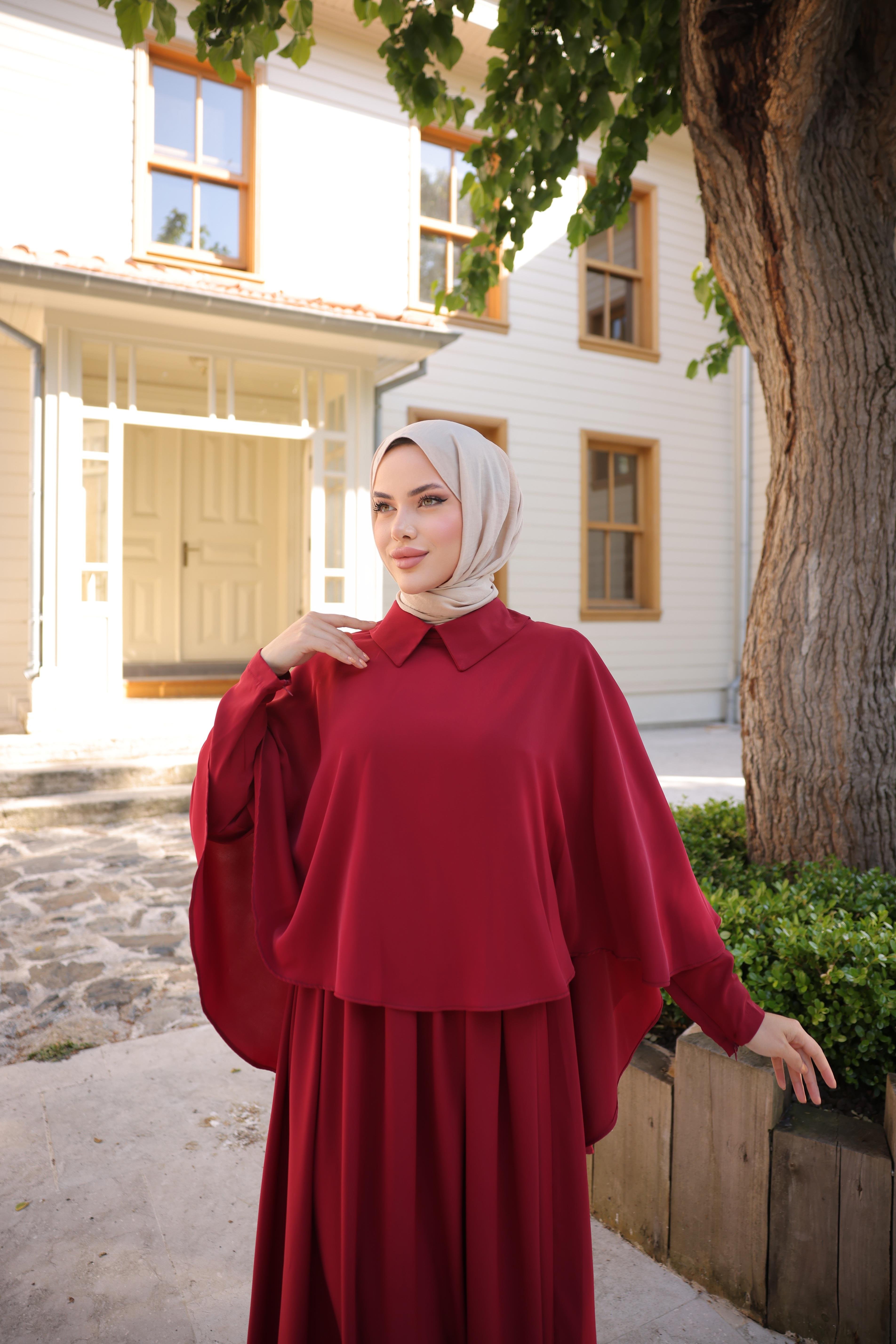 Bordo Pelerinli Elbise 5084