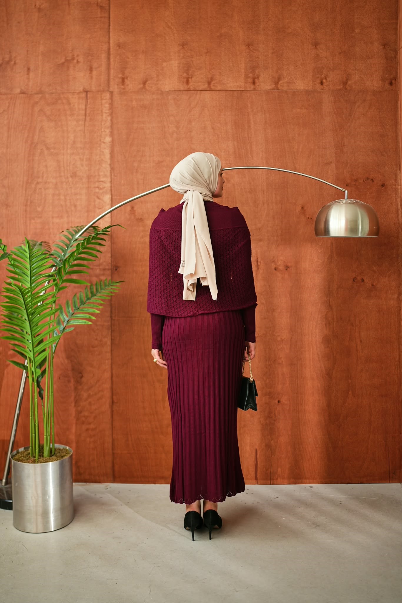 Bordo Tokalı Şallı Triko Elbise