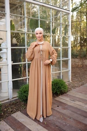 Camel Bel Büzgülü 3 Biyeli Tesettür Kimono 8024