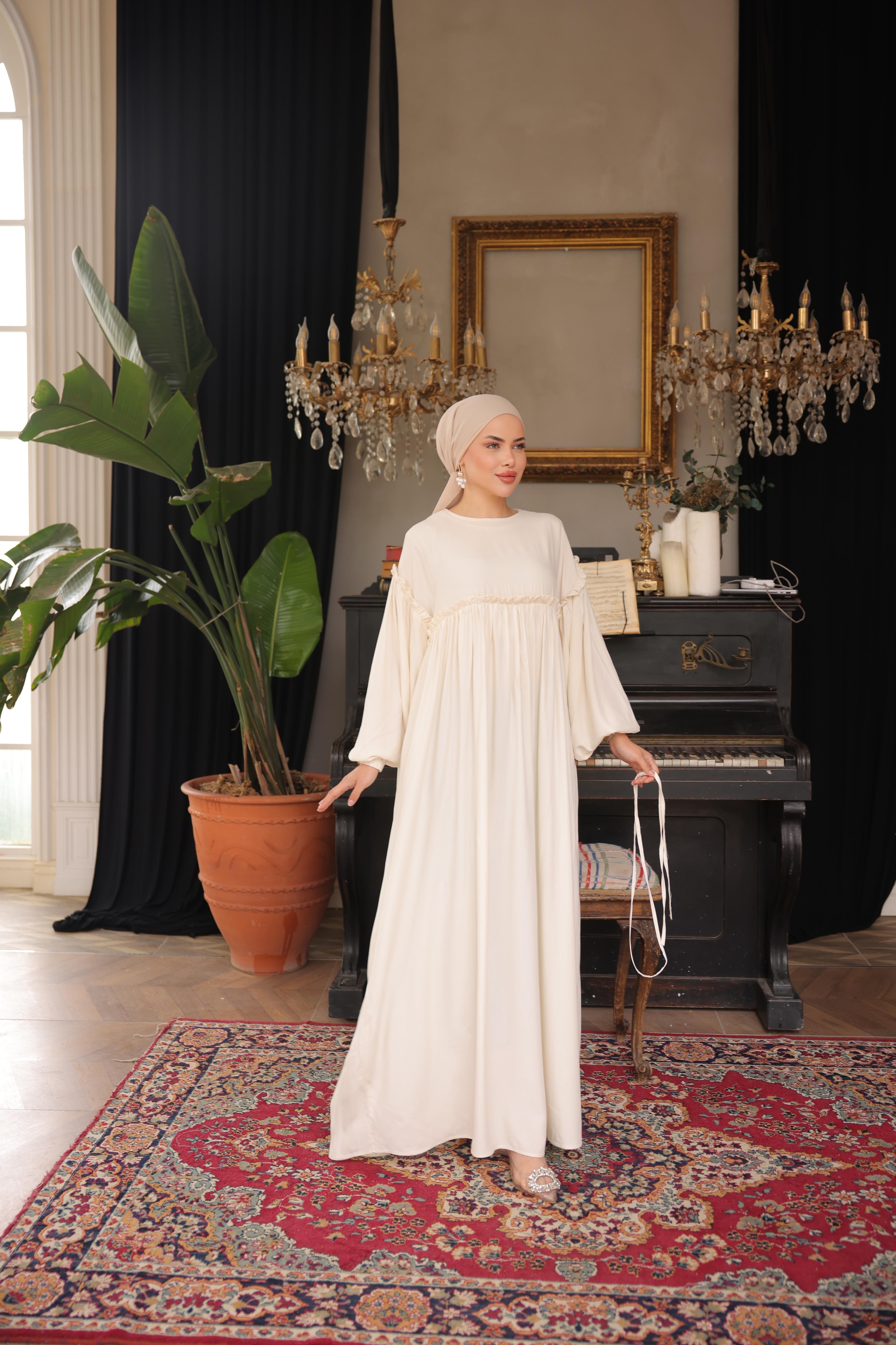 Ekru Robalı Büzgülü Oversize Elbise 5093