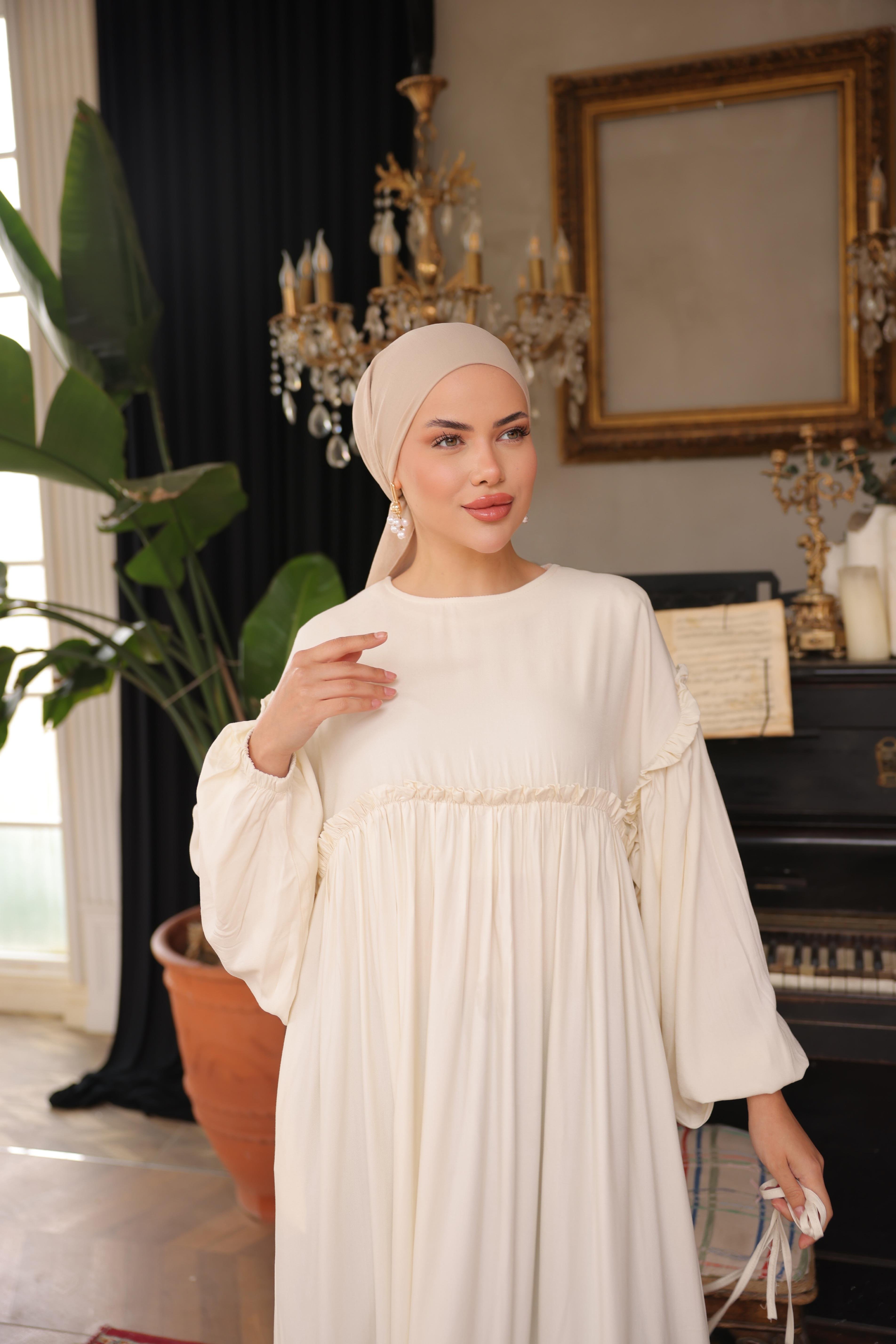 Ekru Robalı Büzgülü Oversize Elbise 5093