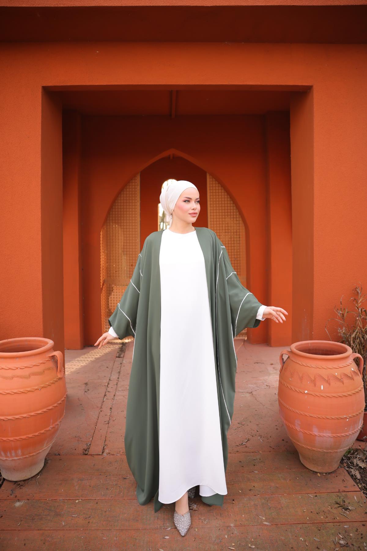 Haki Biyeli Abaya Takım Nsr5081