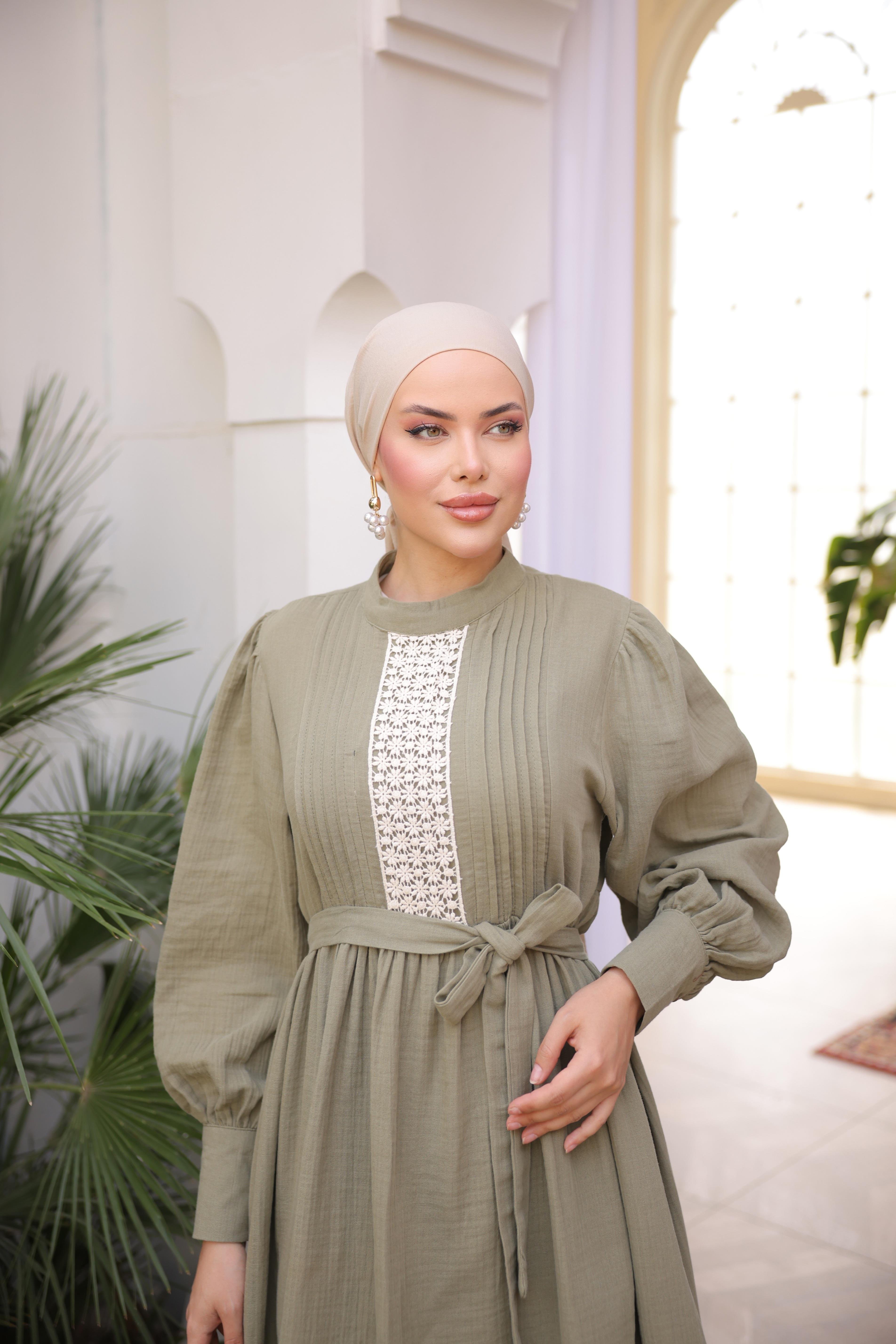 Haki Dantel ve Nervürlü Elbise 5087