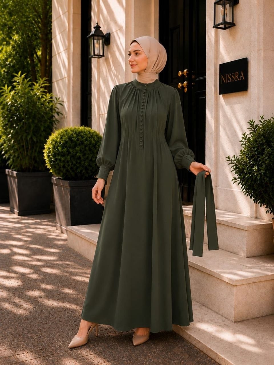 Haki Reglan Kol Kaplama Düğmeli Elbise 5152