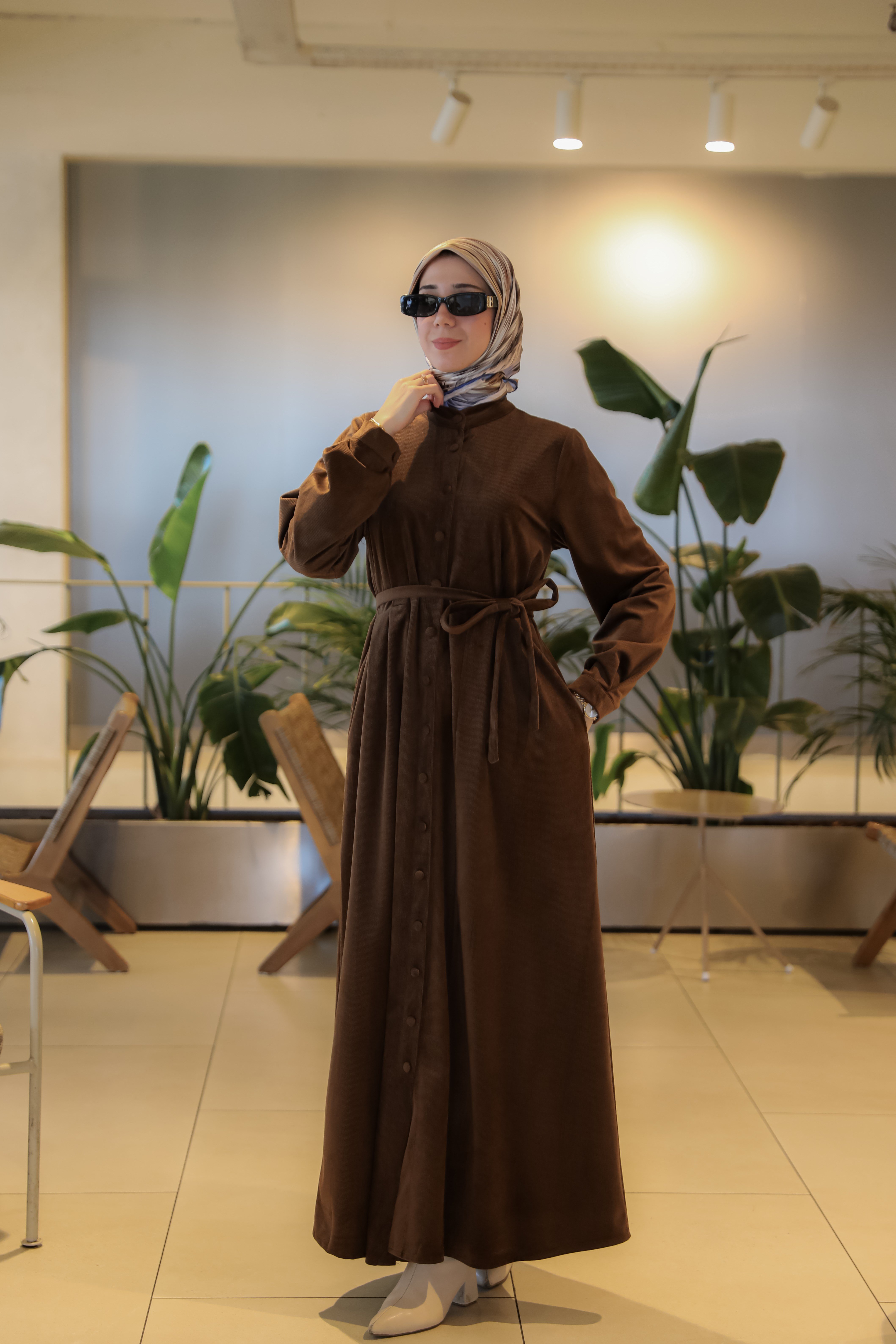 Kahverengi NSR 5162 PİLELİ BOYDAN DÜĞMELİ ELBİSE