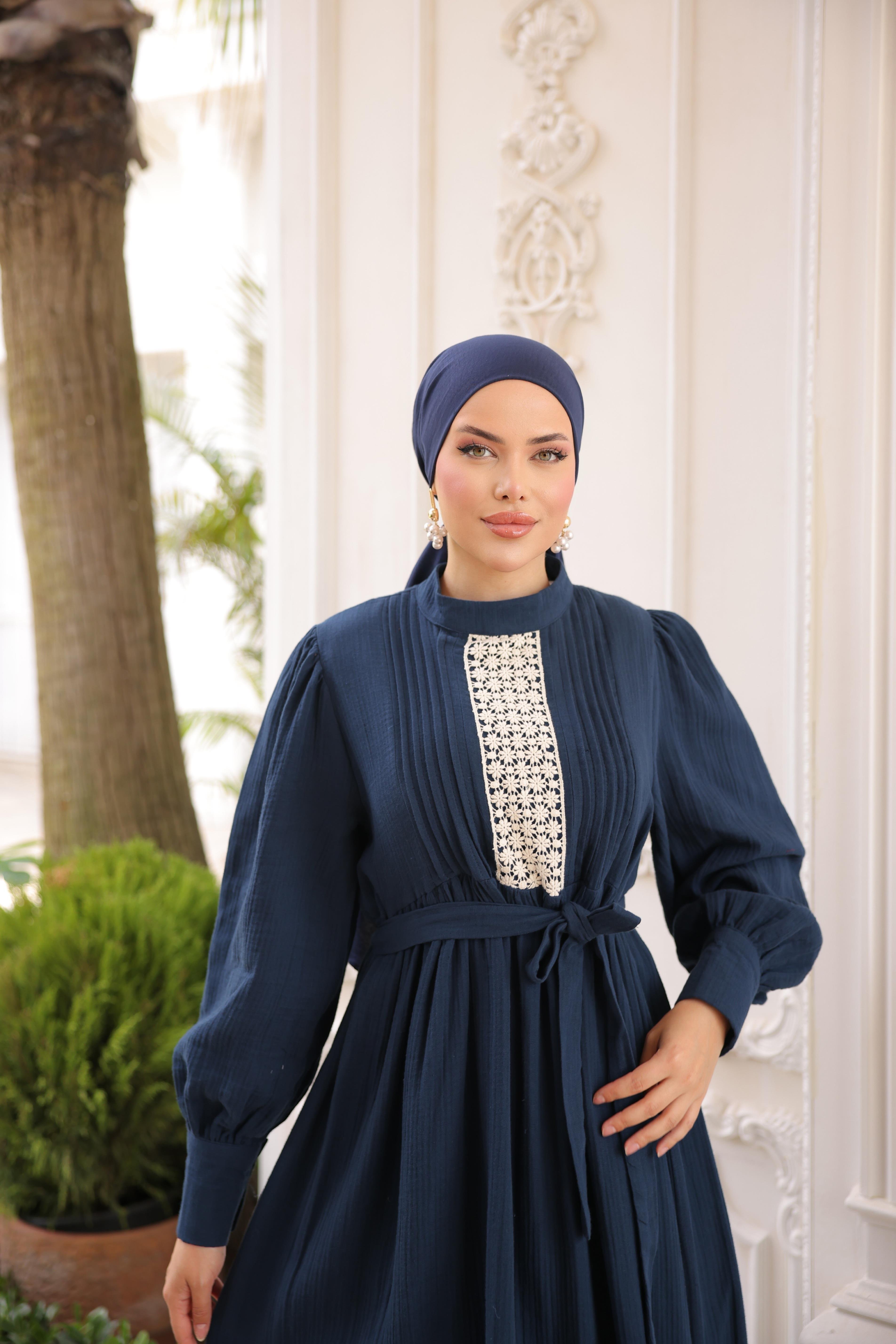 Lacivert Dantel ve Nervürlü Elbise 5087