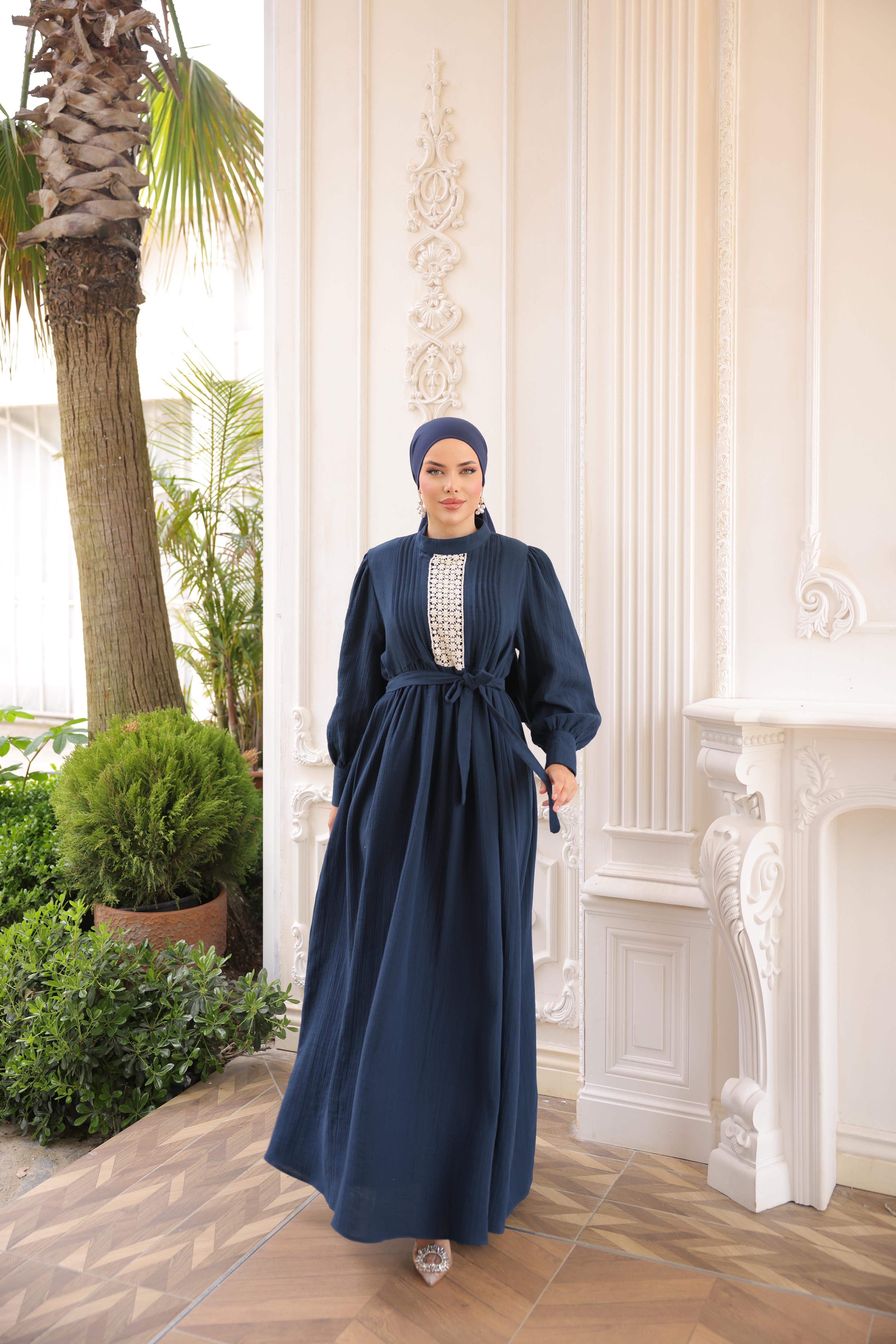 Lacivert Dantel ve Nervürlü Elbise 5087