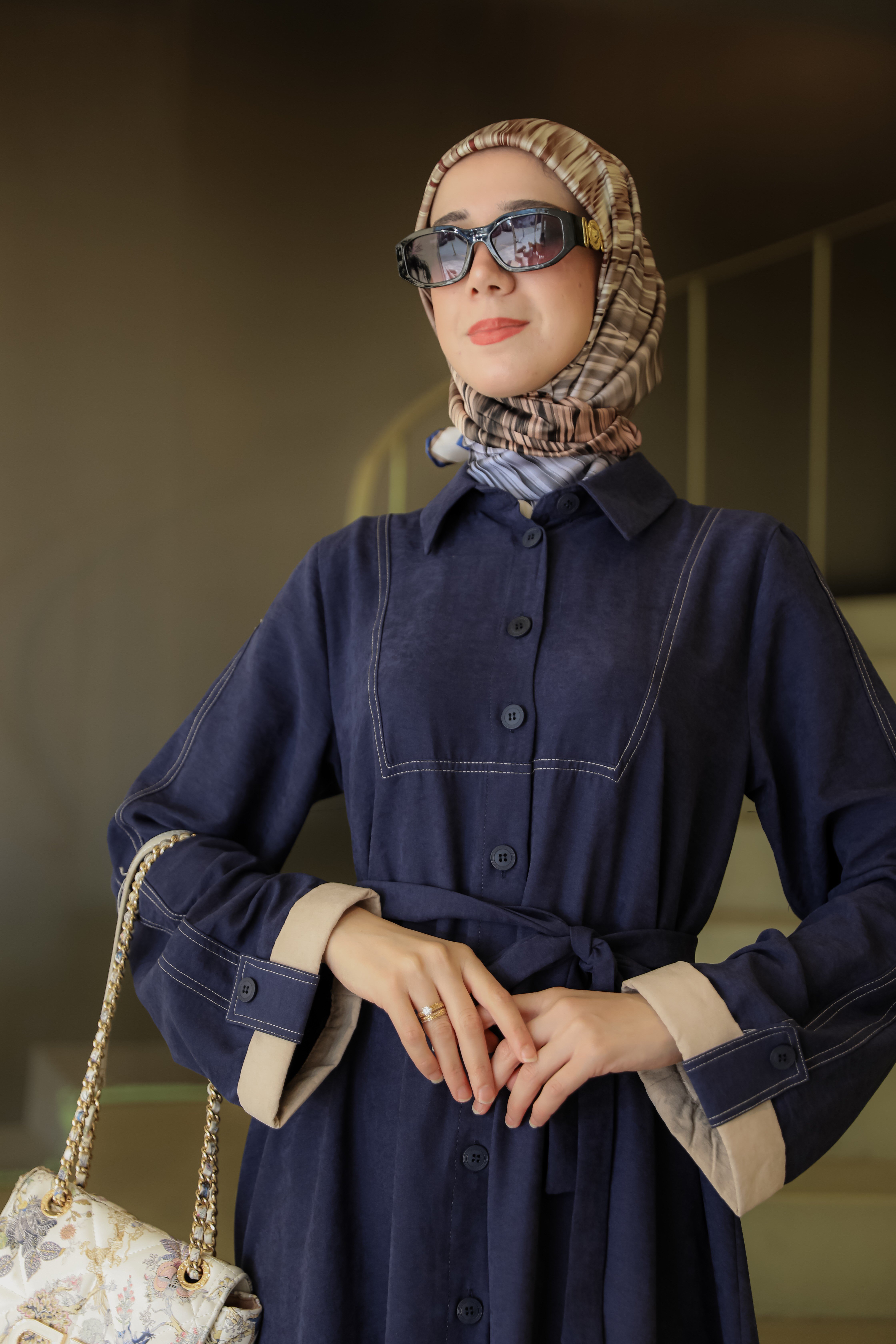 Lacivert NSR 5166 KOL UCU GARNİLİ ELBİSE