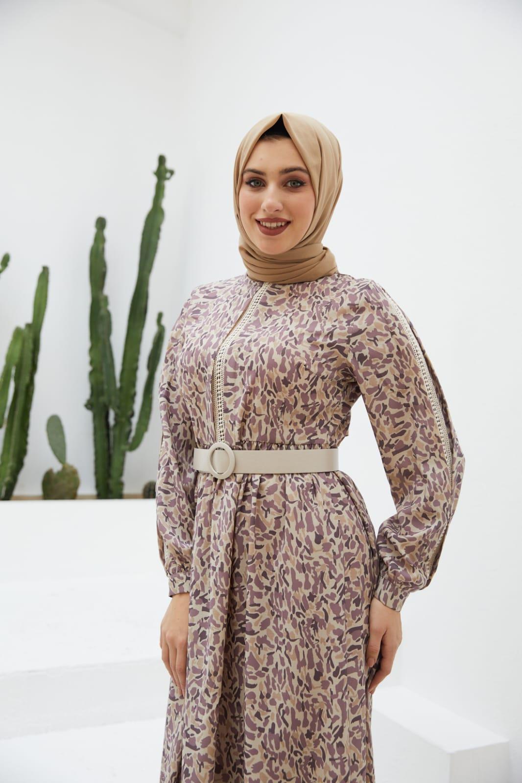 Mor Dokuma Kol Detaylı Uzun Tesettür Elbise Fdl1409