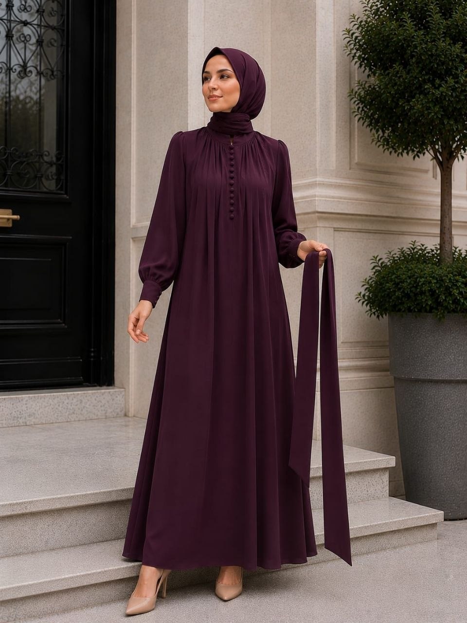 Mor Reglan Kol Kaplama Düğmeli Elbise 5152