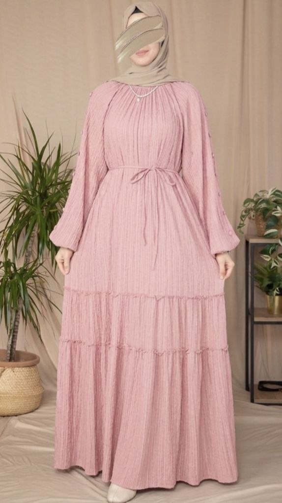 Pudra Kolları Kaplama Düğmeli Elbise 5132