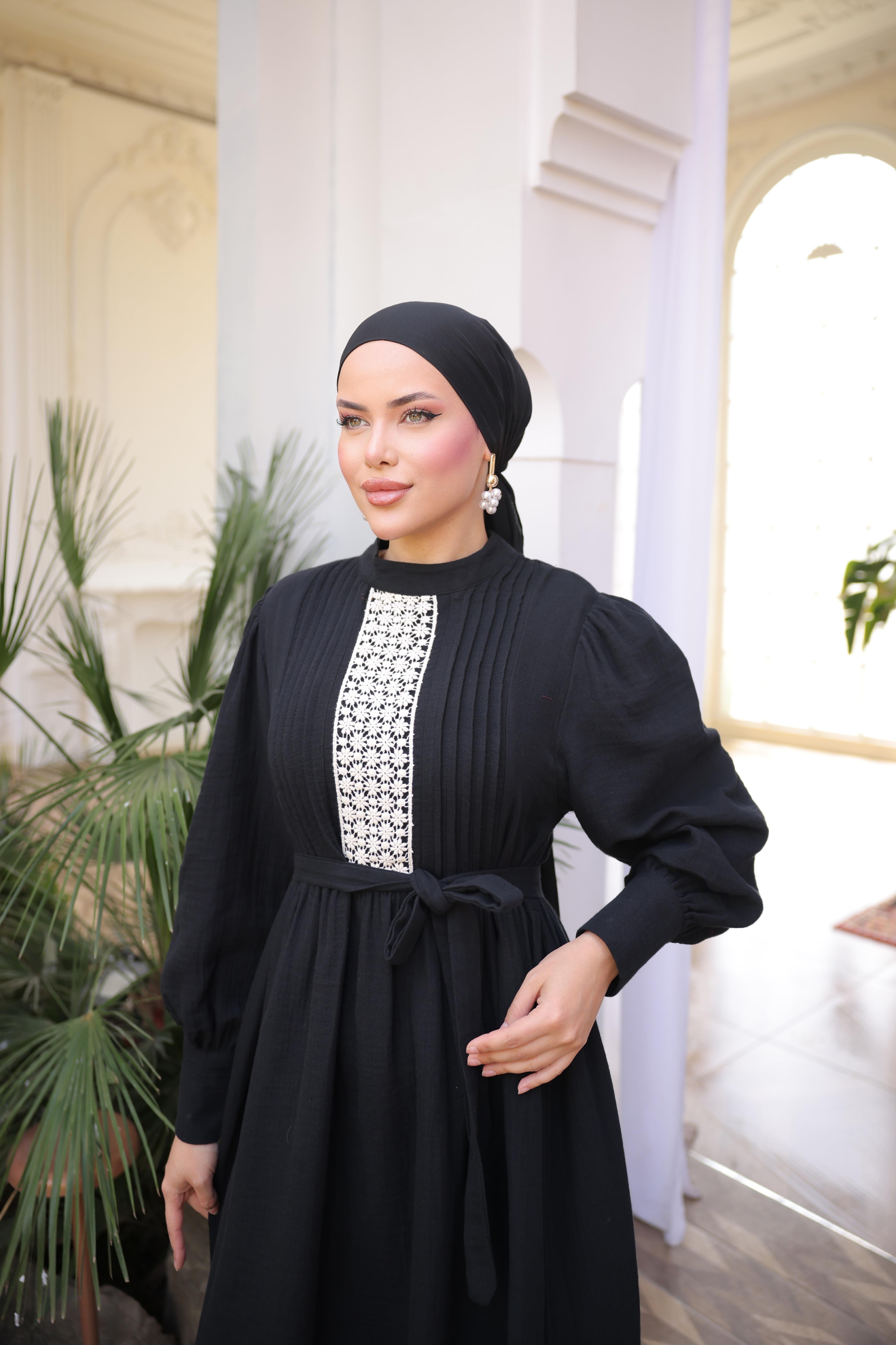 Siyah Dantel ve Nervürlü Elbise 5087