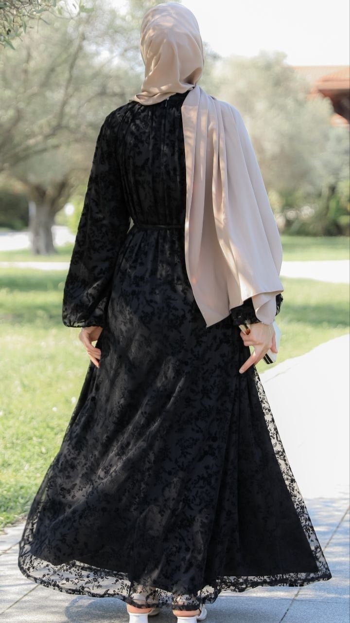 Siyah LY26 4030 REGLAN KOL FLOK BASKILI ELBİSE