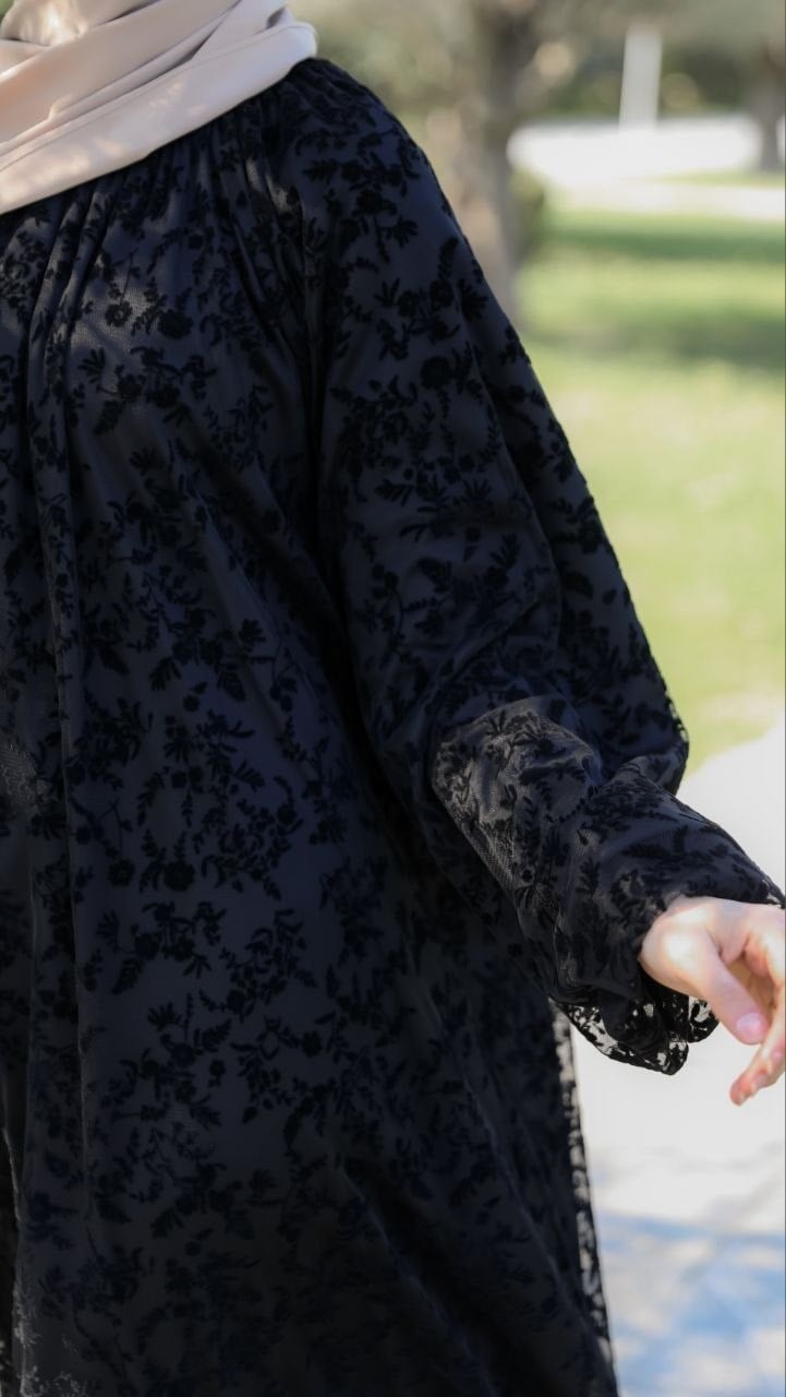 Siyah LY26 4030 REGLAN KOL FLOK BASKILI ELBİSE