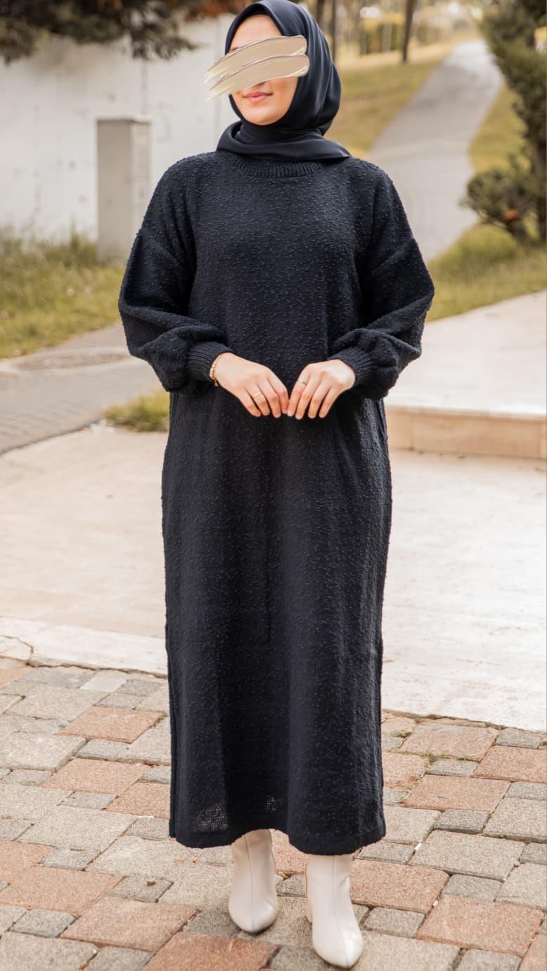 Siyah Oversize Tasarım Triko Elbise