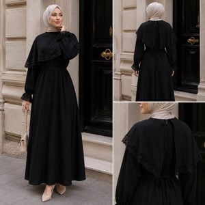 Siyah Pelerinli Dantelli Elbise 5159