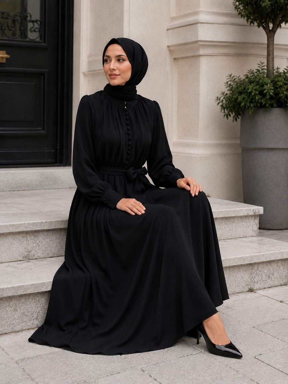 Siyah Reglan Kol Kaplama Düğmeli Elbise 5152