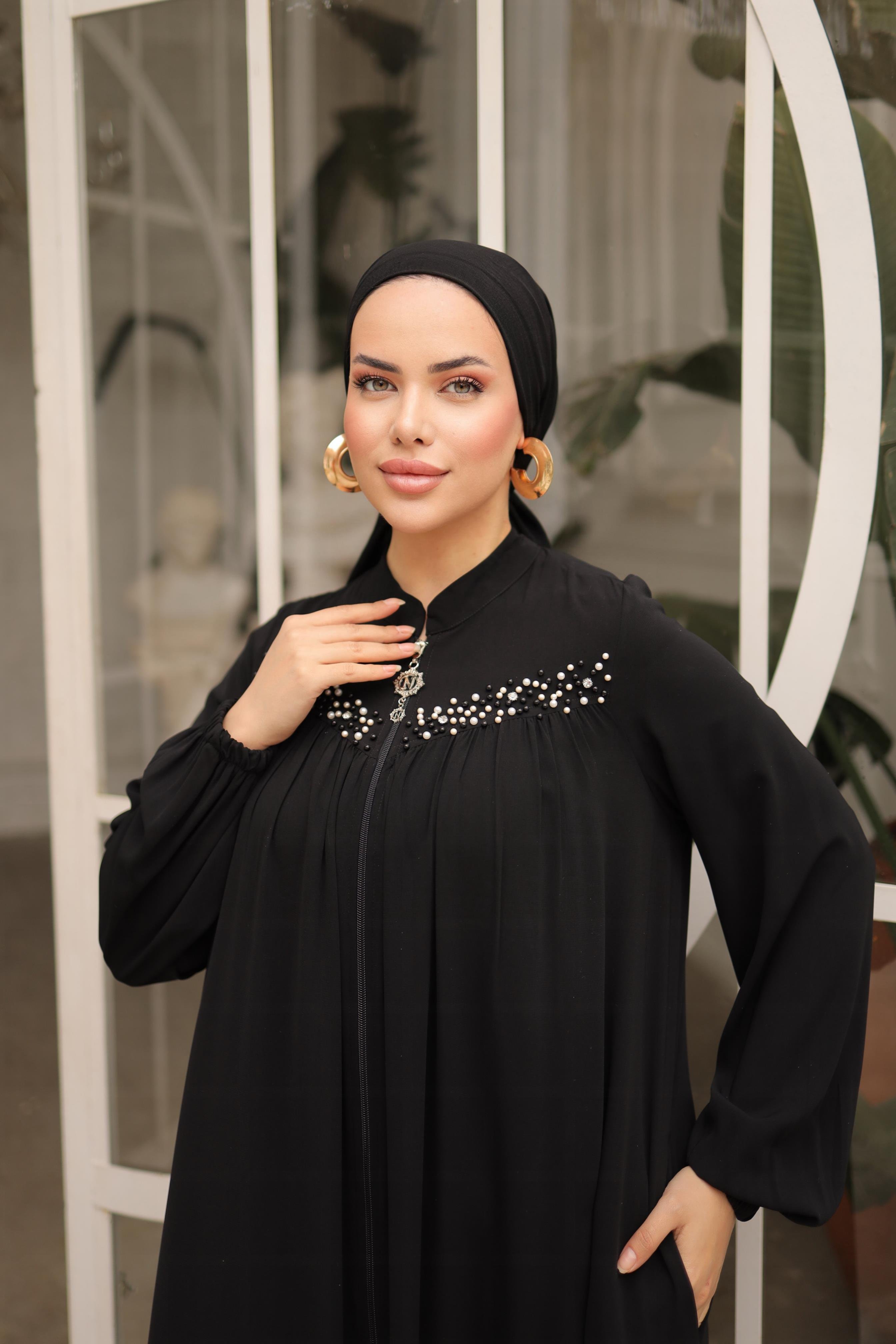 Siyah Robalı Boncuklu Ferace 5016