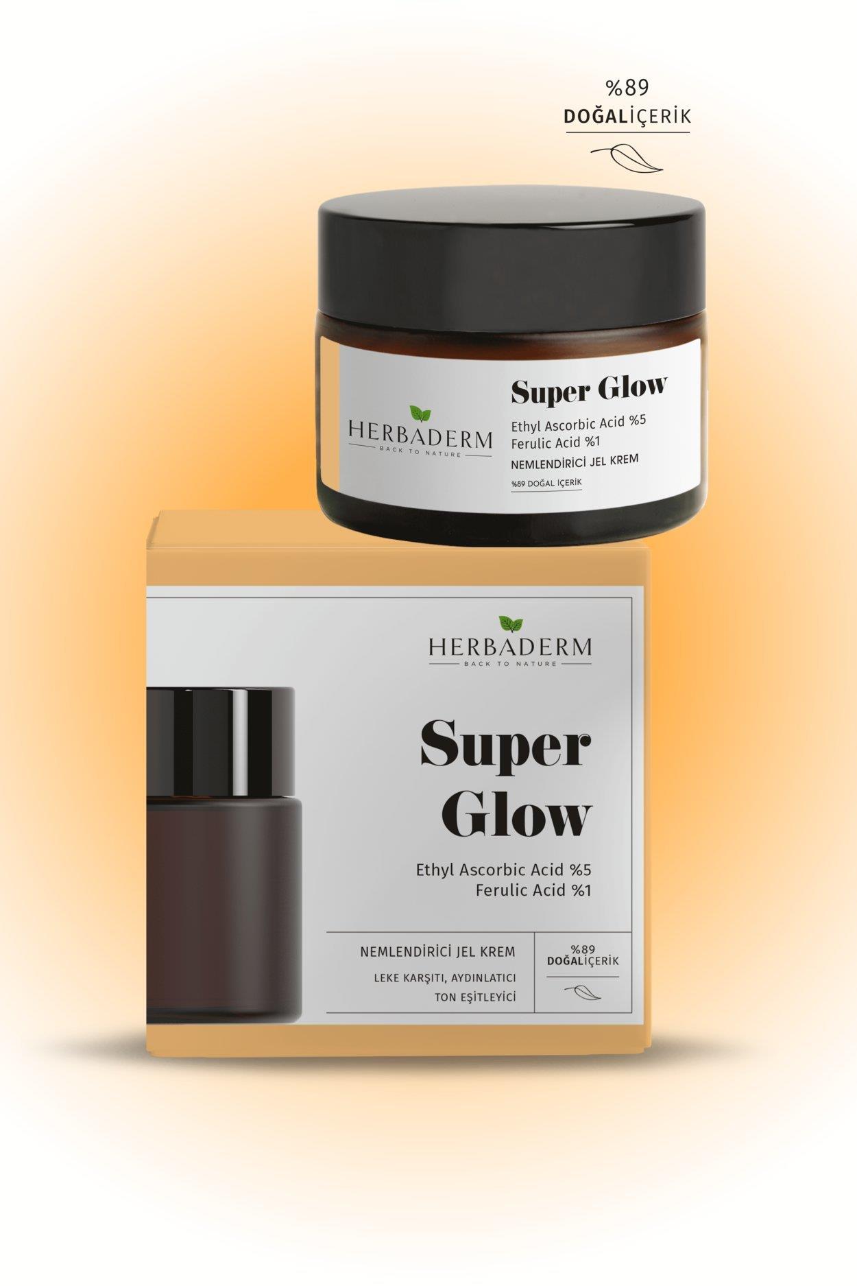 Herbaderm Aydınlatıcı, Leke Oluşumuna Karşı, Cilt Tonu Eşitleyici Nemlendirici Jel Krem SUPER GLOW Ethyl Ascorbic Acid %5 + Ferulik Asit %1 %89 Doğal İçerik