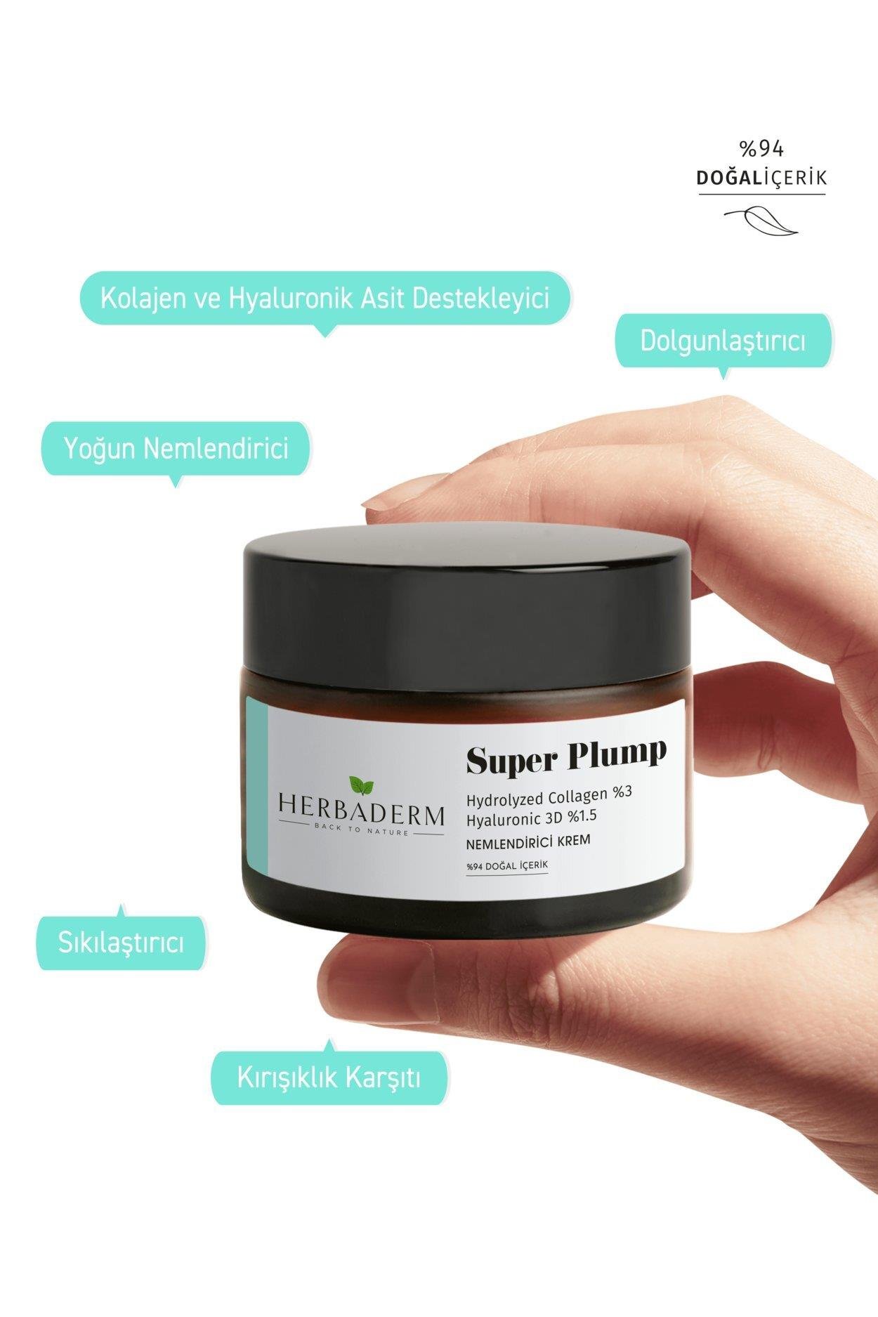 Herbaderm Dolgunlaştırıcı, Kırışıklık Karşıtı Nemlendirici Krem SUPER PLUMP Hydrolize Kolajen %3+ Hyaluronik 3D %1.5 %94 Doğal İçerik