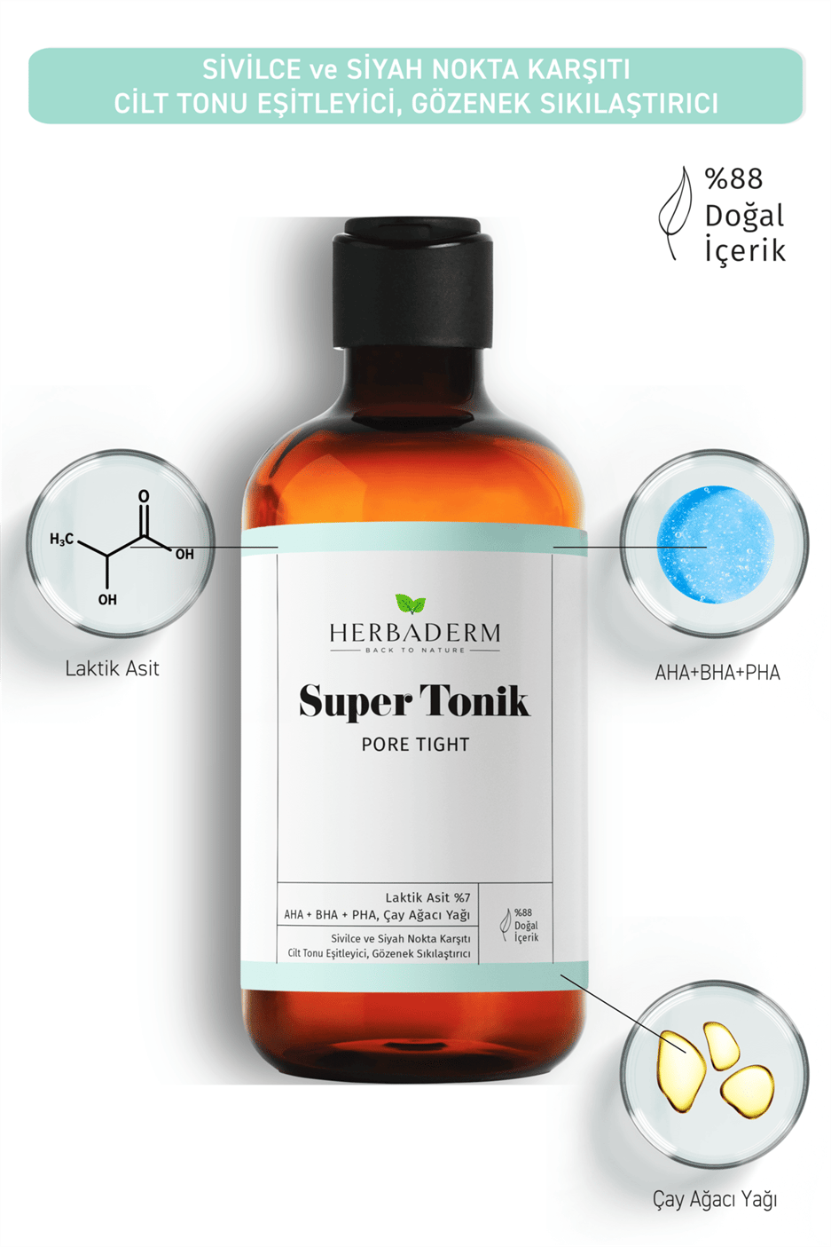 Herbaderm Pore Tight Sivilce, Siyah Nokta Karşıtı Super Tonik Laktik Asit %7