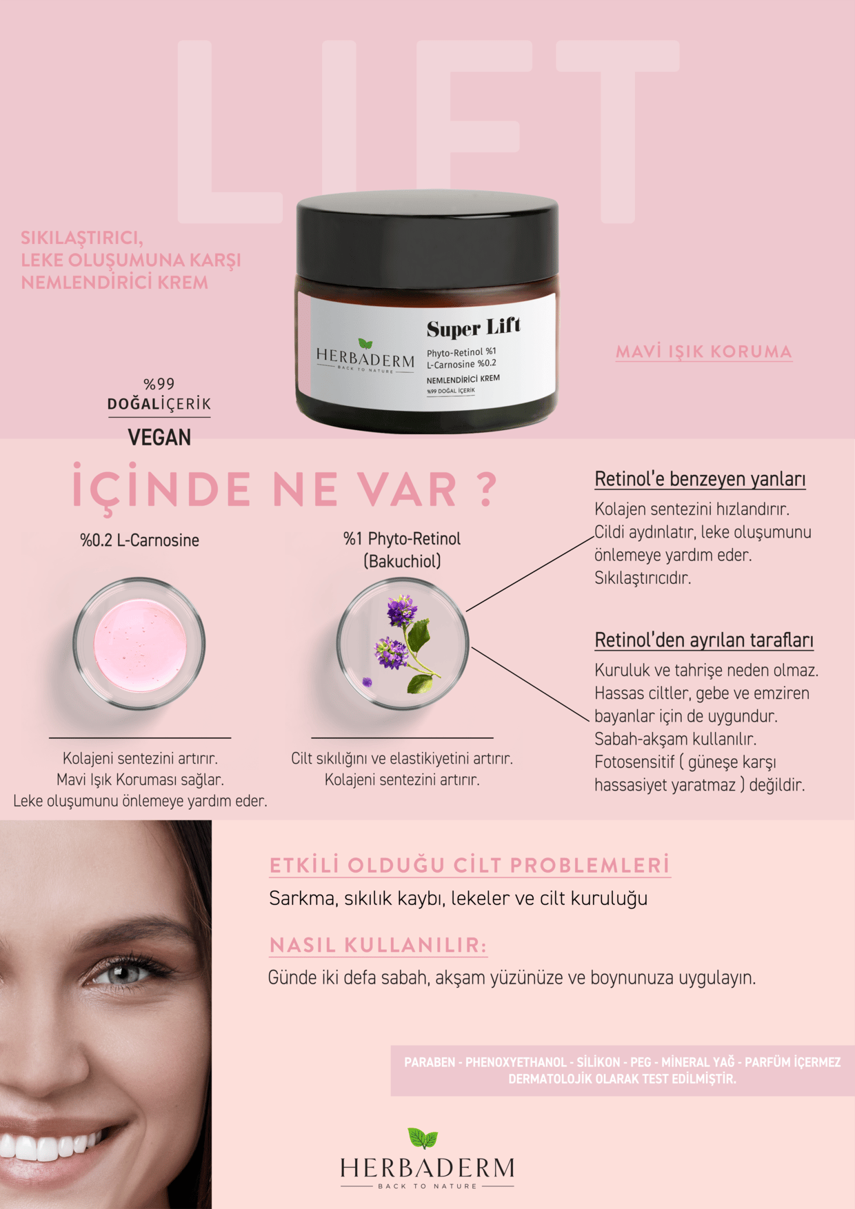 Herbaderm Sıkılaştırıcı, Leke Oluşumuna Karşı Mavi Işık Koruma Sağlayan Nemlendirici Krem SUPER LIFT Phyto-Retinol %1 ( Bakuchiol )  + L-Carnosine %0.2 %99 Doğal İçerik