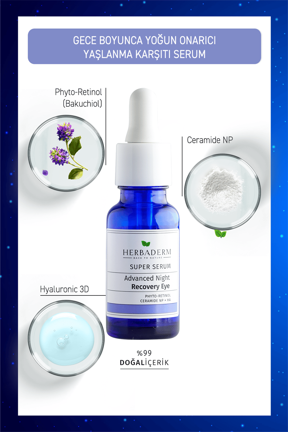 Herbaderm Süper Serum Sıkılaştırıcı, Kırışıklık Karşıtı, Aydınlatıcı Yoğun Onarıcı Göz Çevresi Gece Serumu 20 ML Phyto-Retinol ( Bakuchiol )  + Ceramide Np + Hyaluronik Asit %99 Doğal İçerik 20 Ml