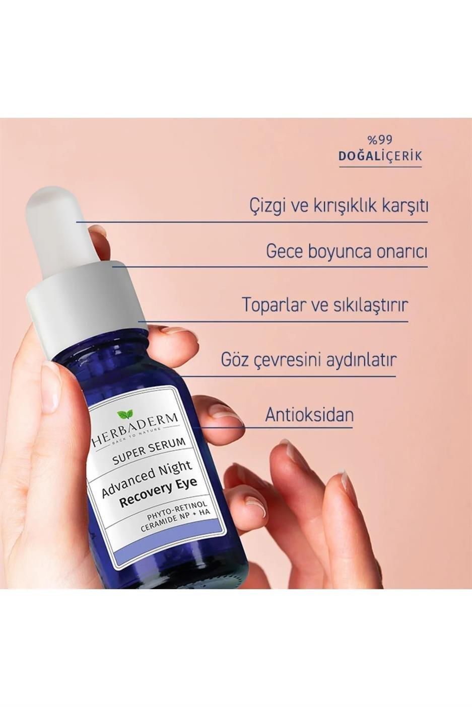 Herbaderm Süper Serum Sıkılaştırıcı, Kırışıklık Karşıtı, Aydınlatıcı Yoğun Onarıcı Göz Çevresi Gece Serumu 20 ML Phyto-Retinol ( Bakuchiol )  + Ceramide Np + Hyaluronik Asit %99 Doğal İçerik 20 Ml