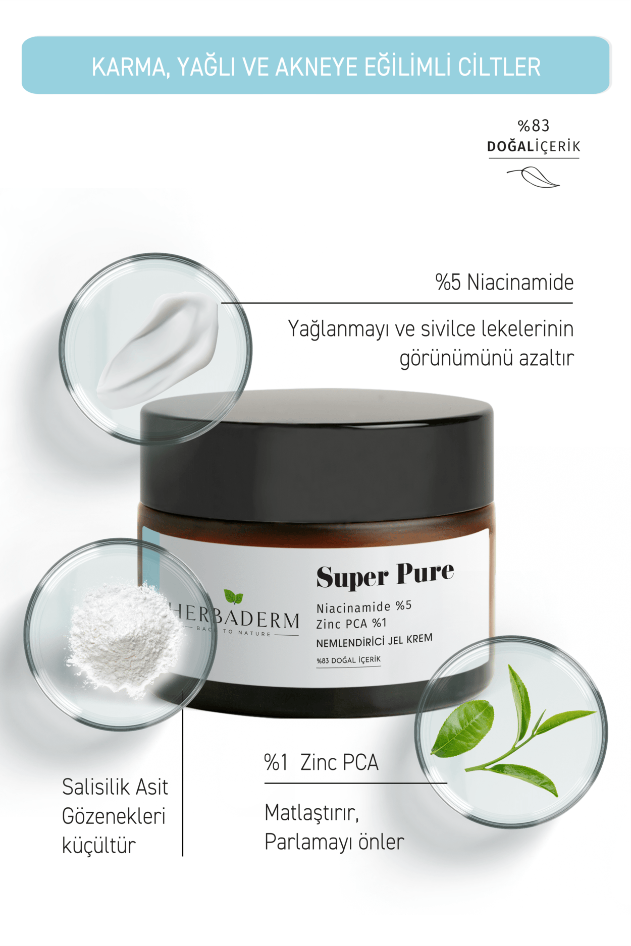 Herbaderm Yağlanmayı Azaltıcı Gözenek Sıkılaştırıcı, Sivilce ve Leke Oluşumuna Karşı Nemlendirici Jel Krem SUPER PURE Niacinamide %5+ Zinc PCA %1  %83 Doğal İçerik