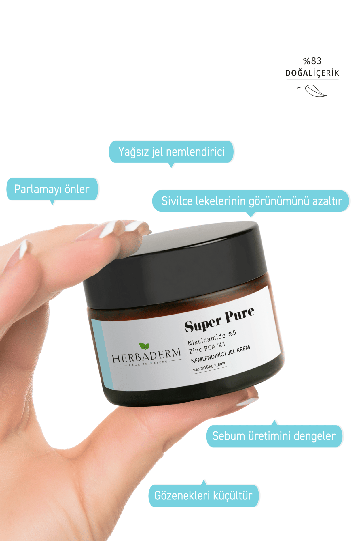 Herbaderm Yağlanmayı Azaltıcı Gözenek Sıkılaştırıcı, Sivilce ve Leke Oluşumuna Karşı Nemlendirici Jel Krem SUPER PURE Niacinamide %5+ Zinc PCA %1  %83 Doğal İçerik