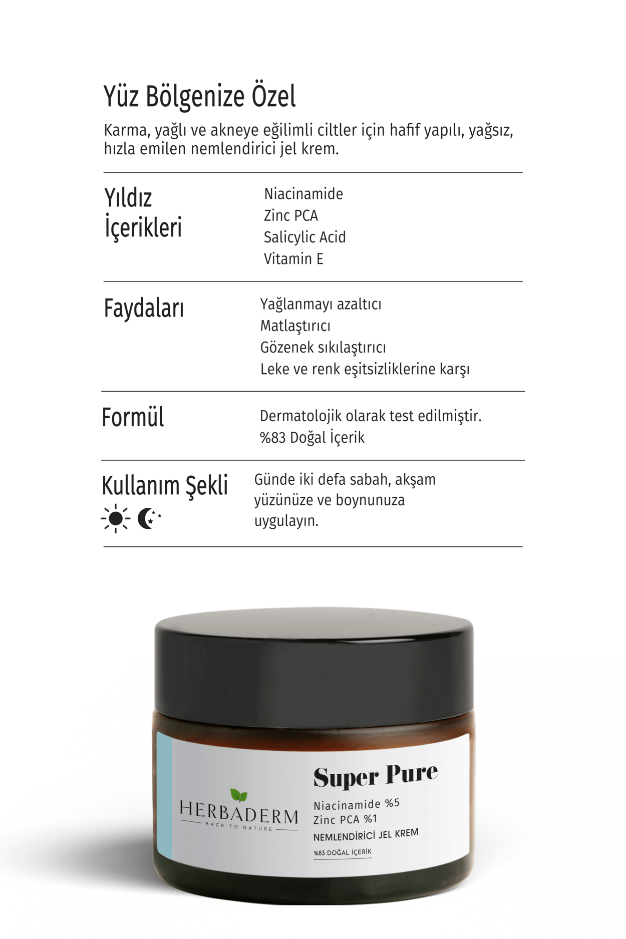 Herbaderm Yağlanmayı Azaltıcı Gözenek Sıkılaştırıcı, Sivilce ve Leke Oluşumuna Karşı Nemlendirici Jel Krem SUPER PURE Niacinamide %5+ Zinc PCA %1  %83 Doğal İçerik