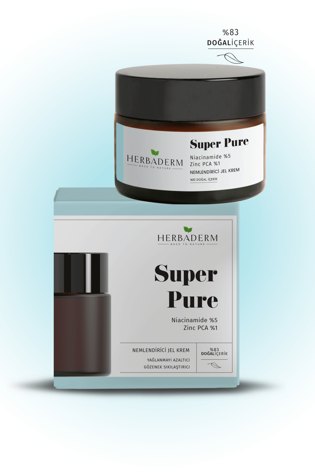 Herbaderm Yağlanmayı Azaltıcı Gözenek Sıkılaştırıcı, Sivilce ve Leke Oluşumuna Karşı Nemlendirici Jel Krem SUPER PURE Niacinamide %5+ Zinc PCA %1  %83 Doğal İçerik