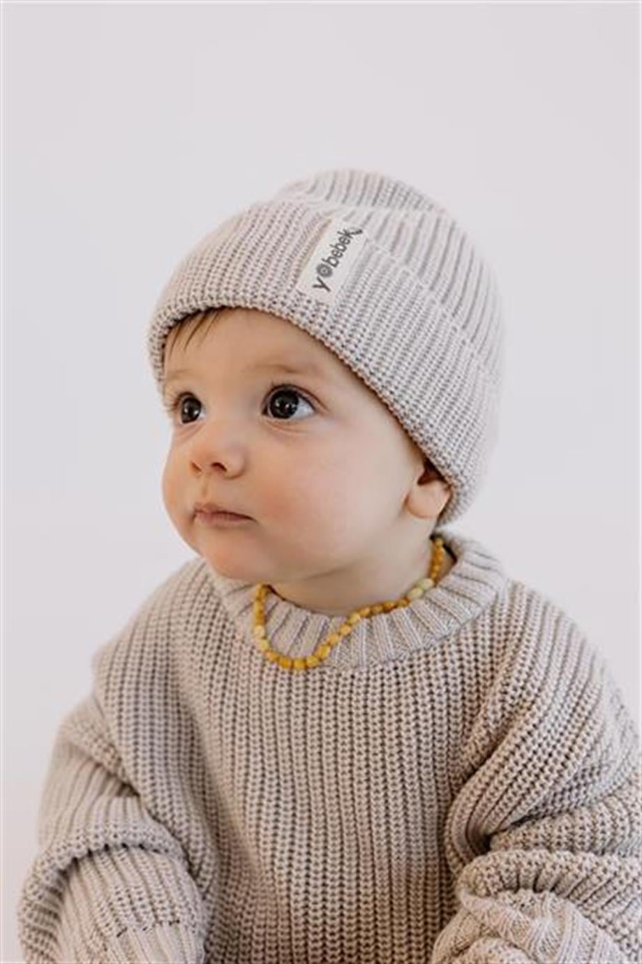 Yobebek Erkek Kız Bebek Triko Bere Bej Renk
