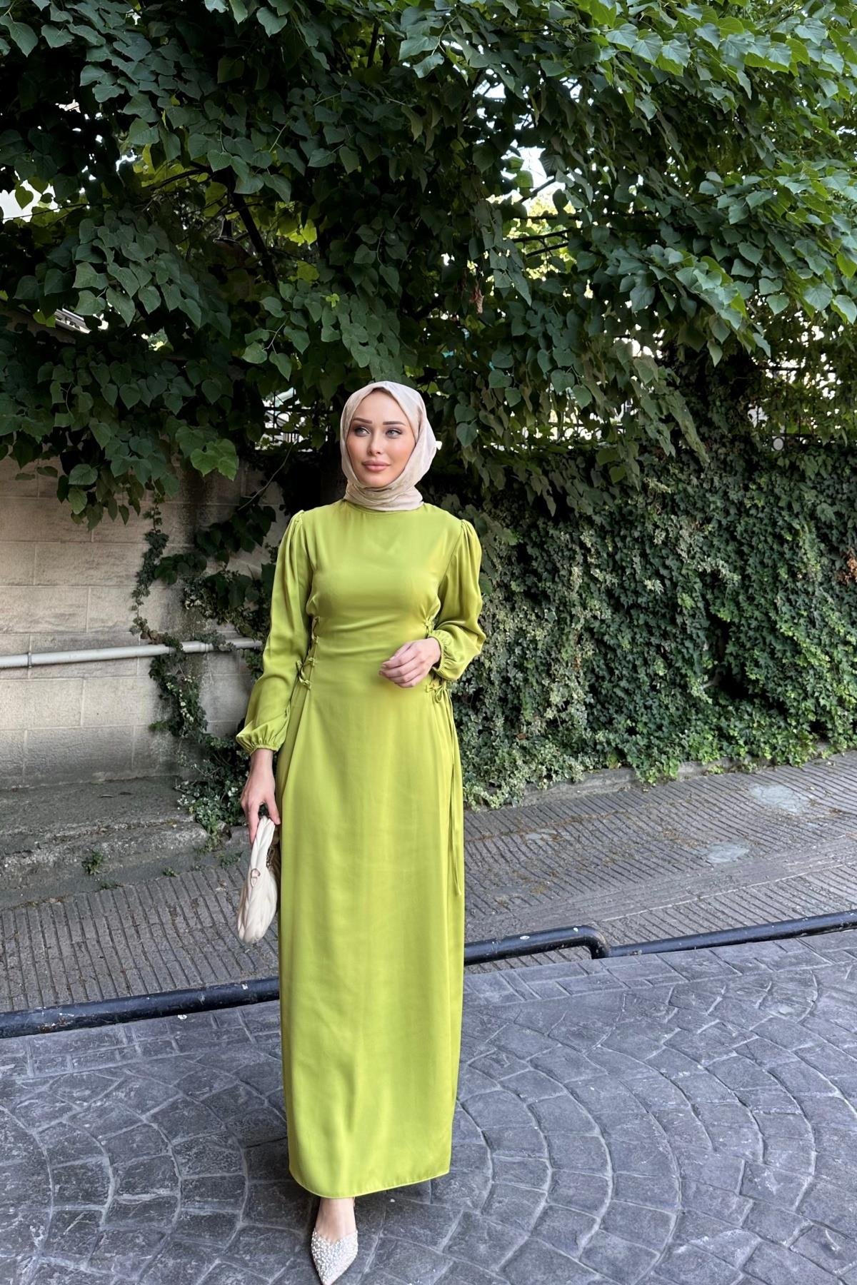Bel Detay Saten Elbise YAĞ YEŞİL