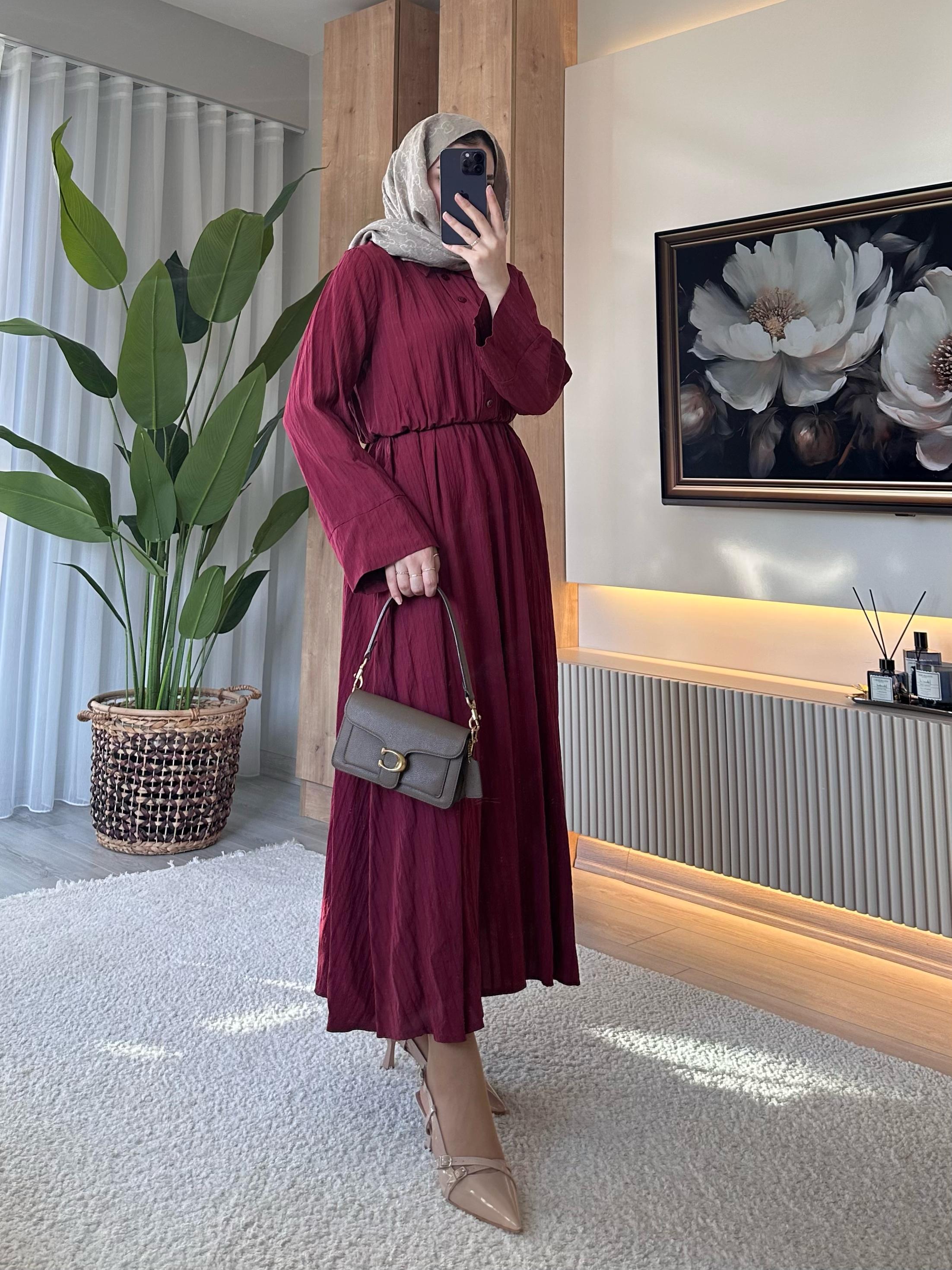 Bymn Beli Lastikli Elbise Bordo
