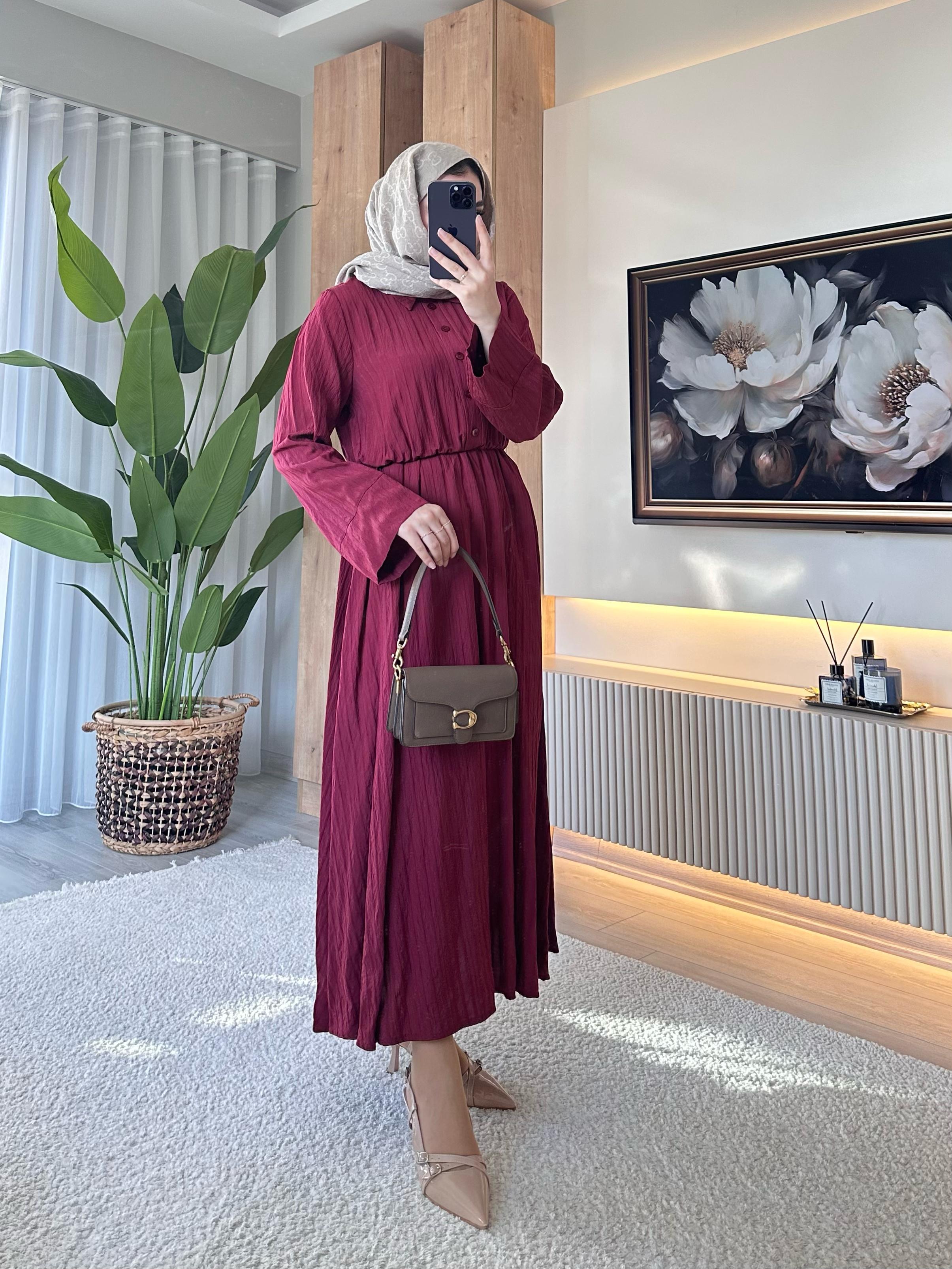 Bymn Beli Lastikli Elbise Bordo