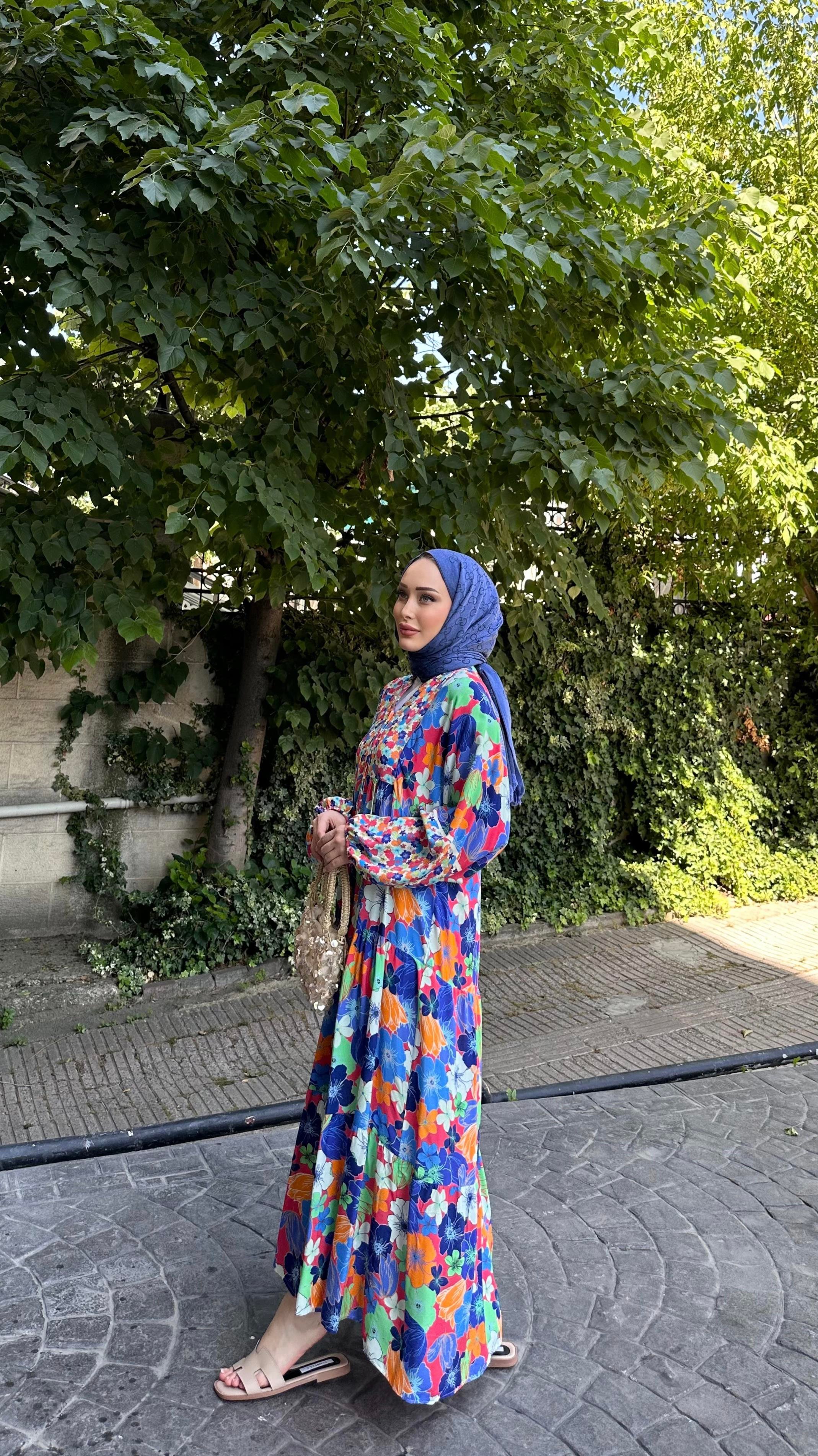Çiçekli Viskon Elbise MAVİ