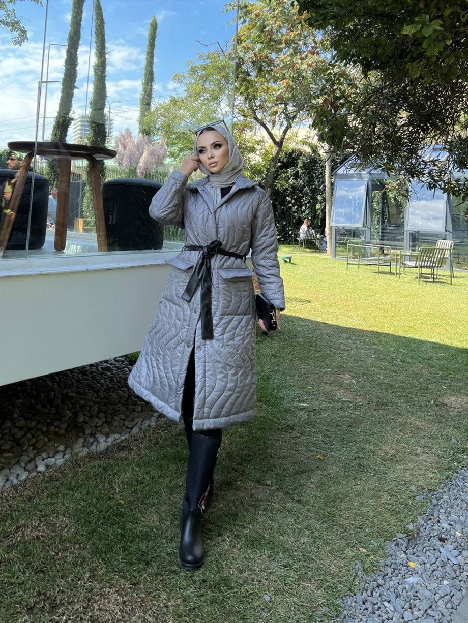 Çift Cepli Parlak Kapitone Mont - Gri SWSH1043