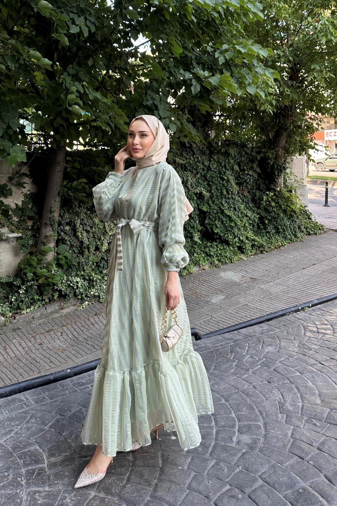 Çizgili Organze Elbise YEŞİL