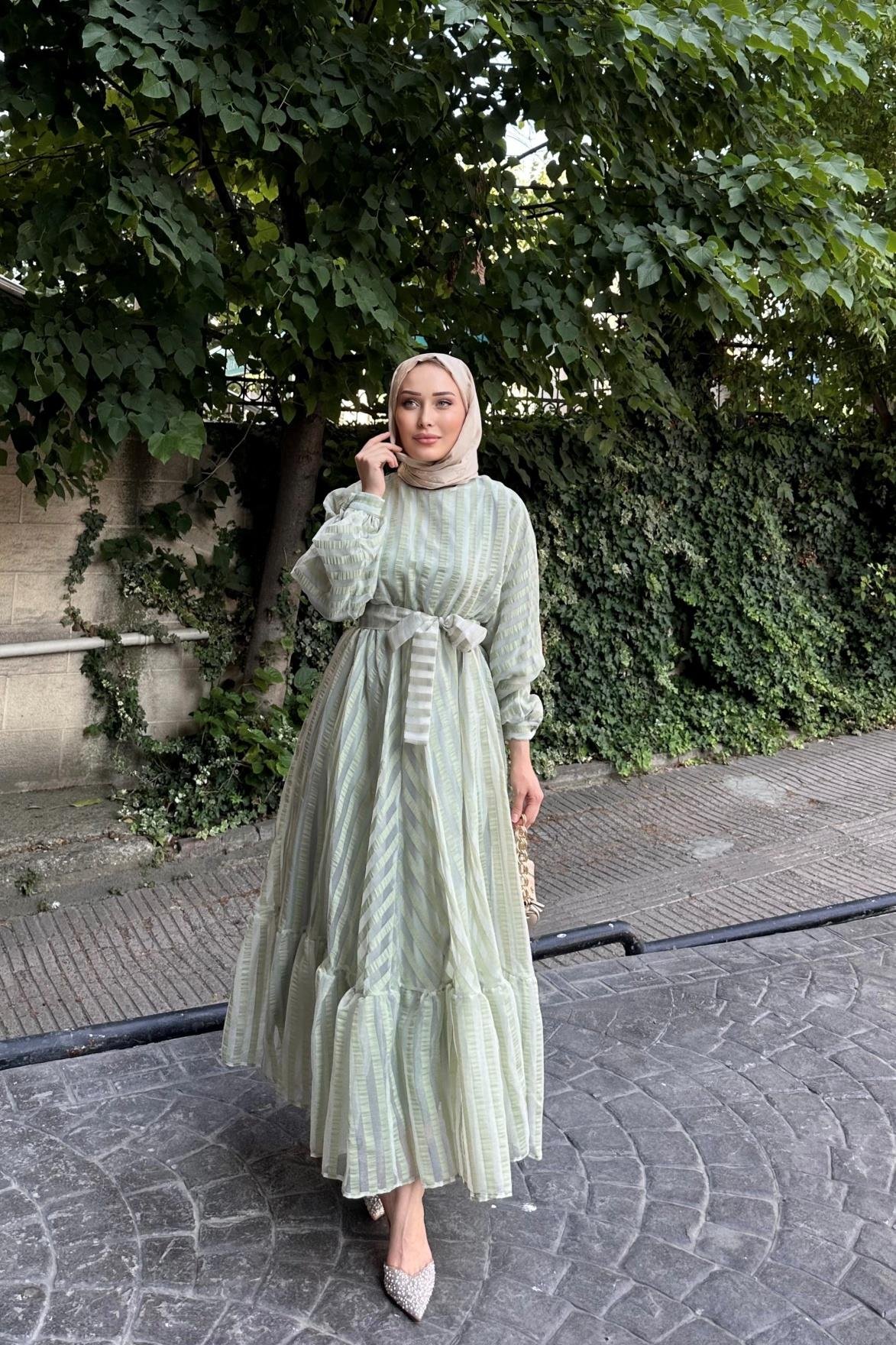 Çizgili Organze Elbise YEŞİL